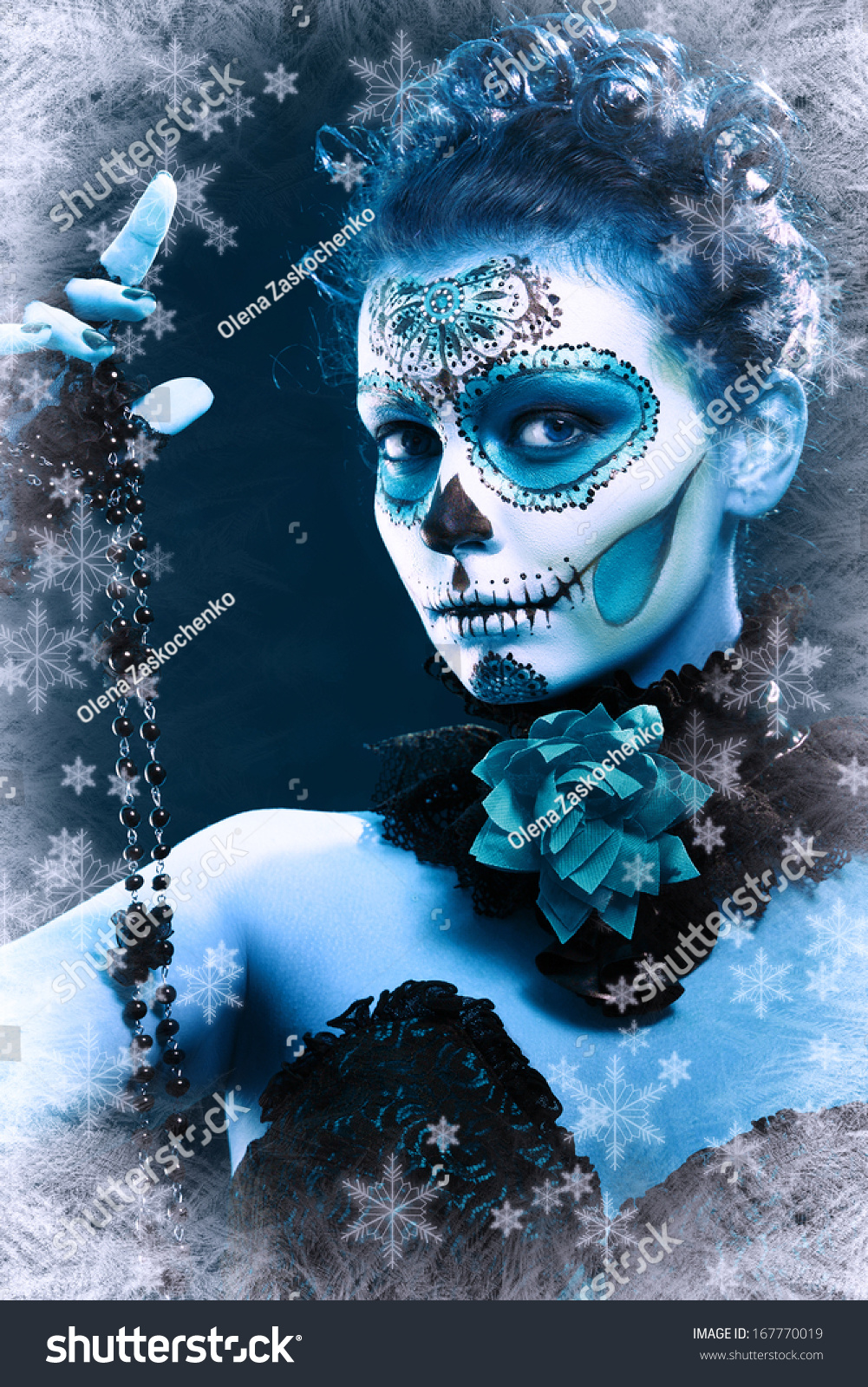 Winter Make Up Sugar Skull Beautiful Model With Ice. Santa Muerte ...