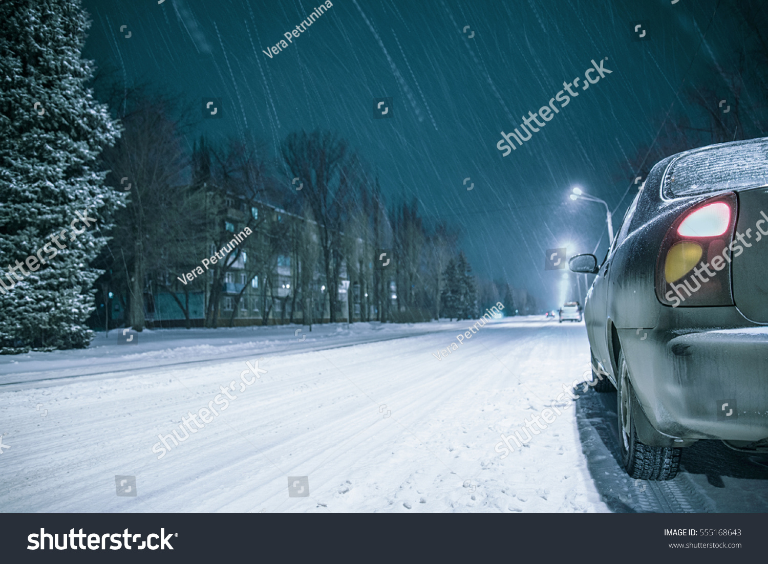 Winter Night Road Snow Background Car Stock Photo 555168643