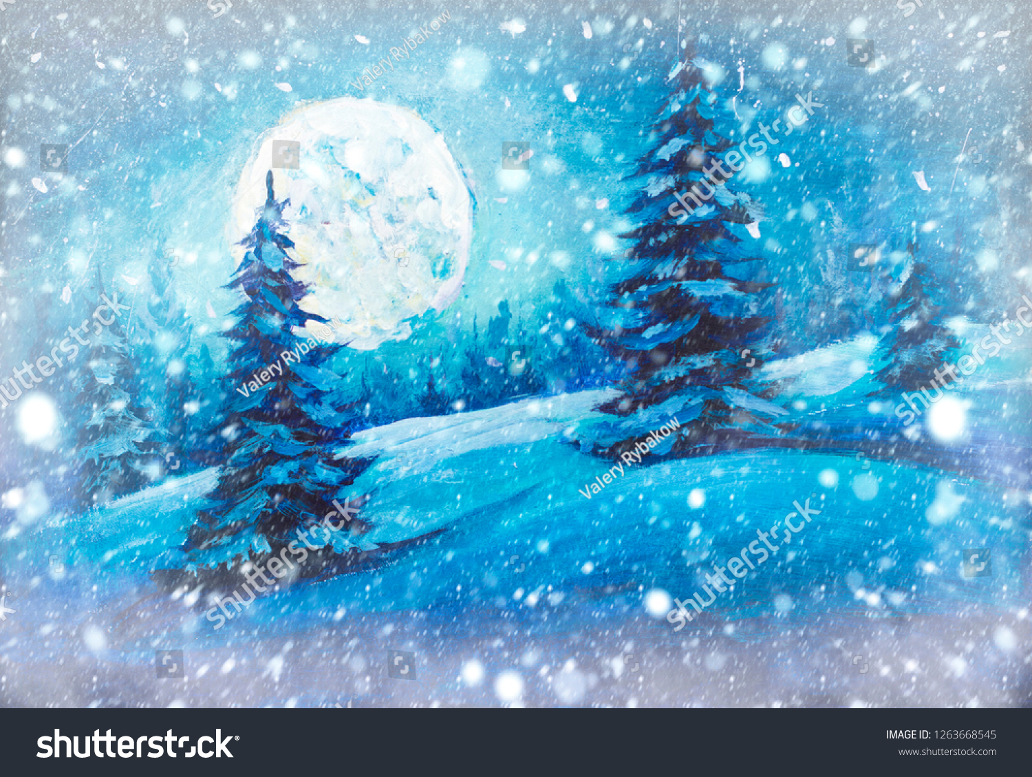 Original Oil painting of pine tree silhouette moon night sky