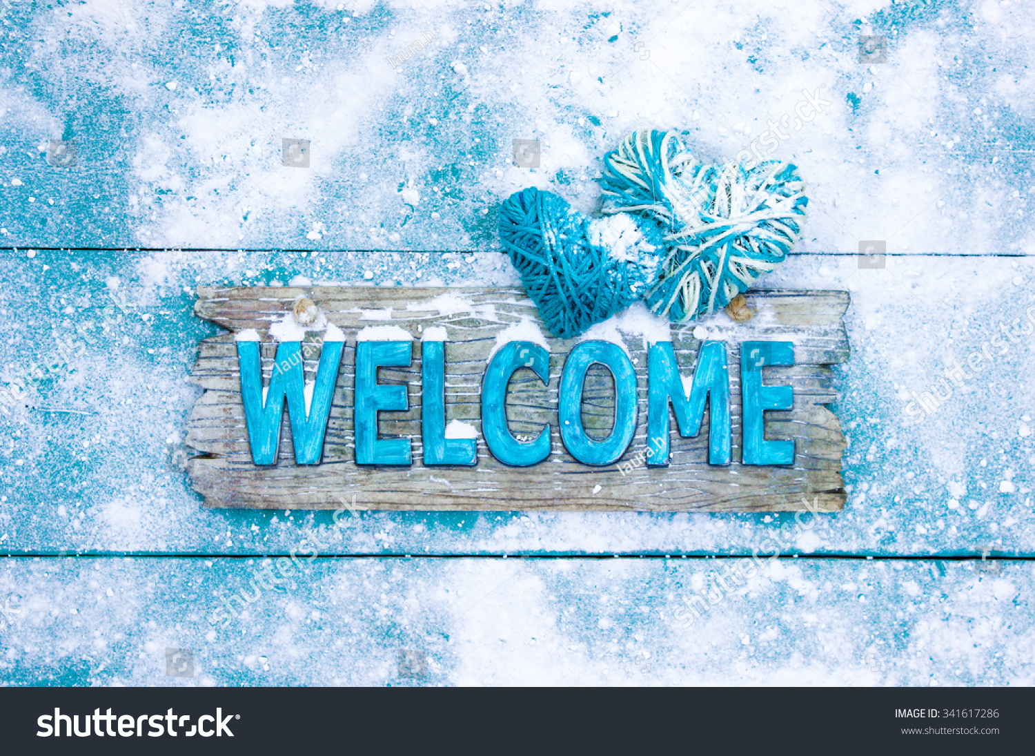 Winter Welcome Sign Rope Hearts Snow Stock Photo 341617286 