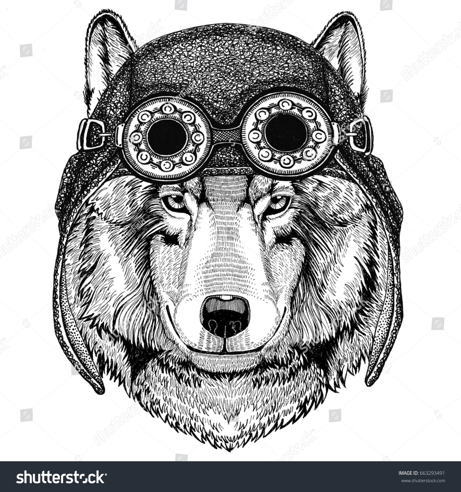 Wolf Dog Wearing Aviator Hat Motorcycle 