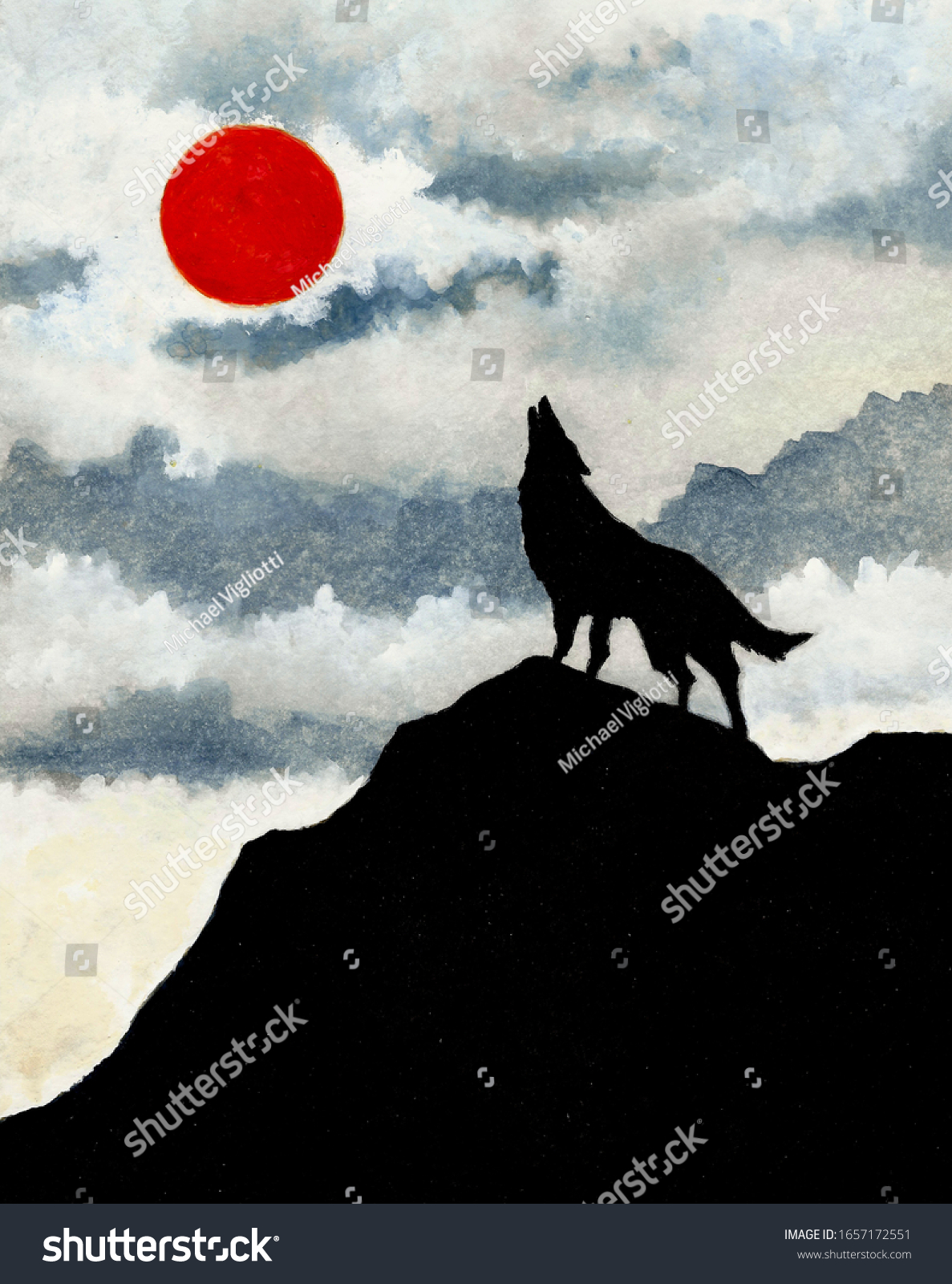 赤い月に狼が遠吠え のイラスト素材