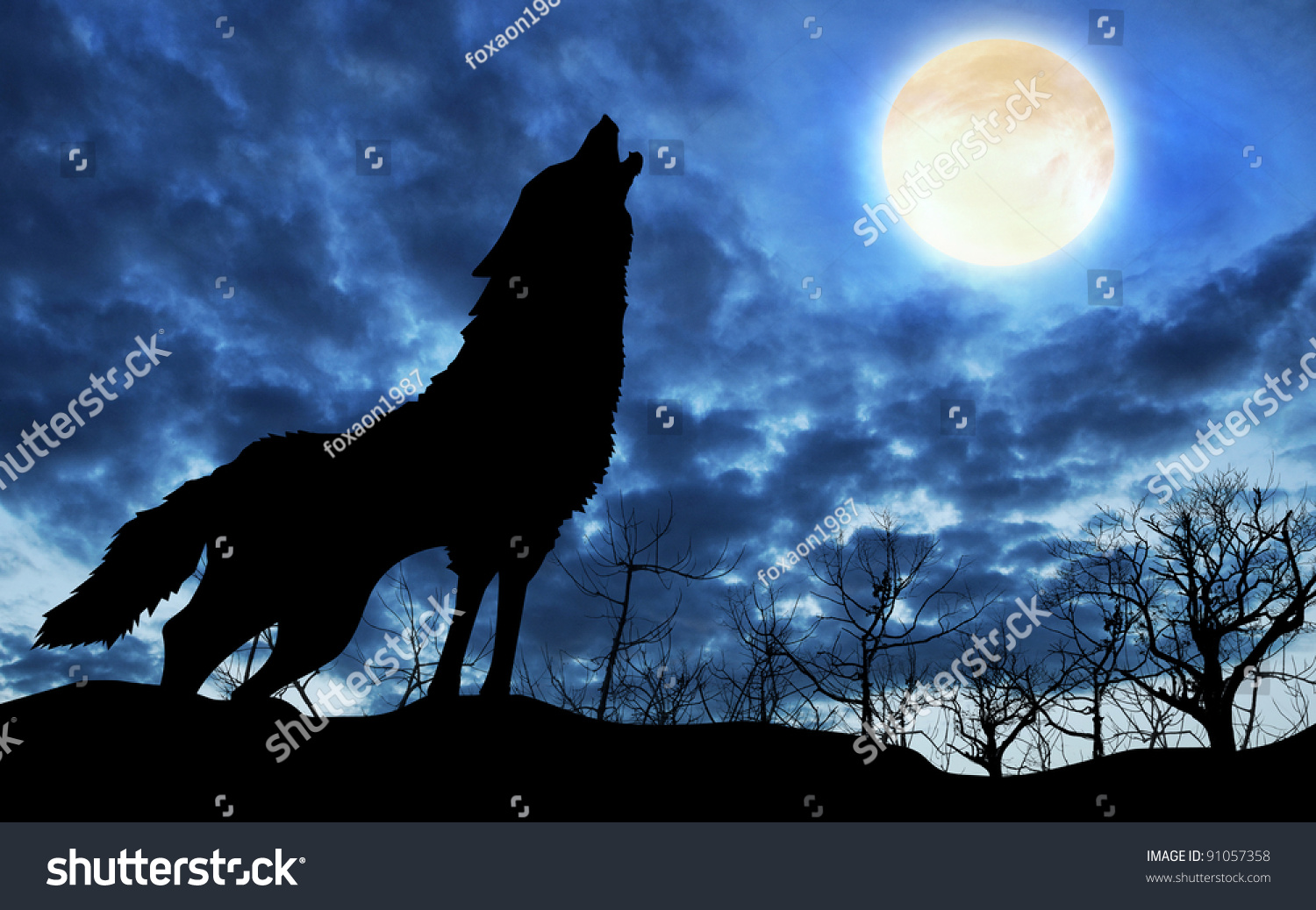 満月に向かってシルエットで遠吠えする狼 のイラスト素材