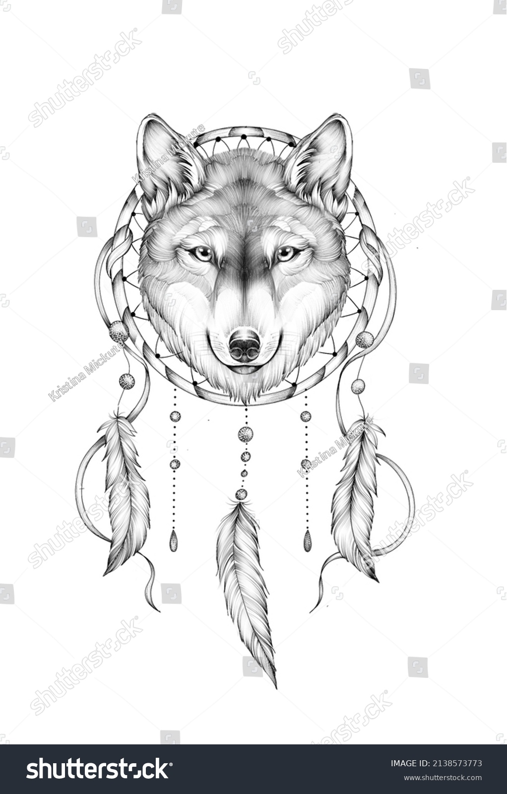 Wolf Portrait Dreamcatcher Tattoo Sketch Stock Illustration 2138573773 ...