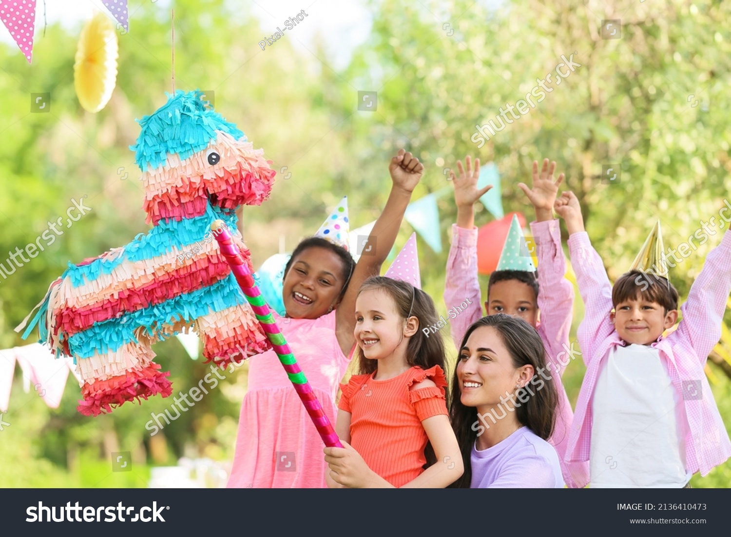 Woman Cute Children Pinata Birthday Party Stock Photo 2136410473 ...