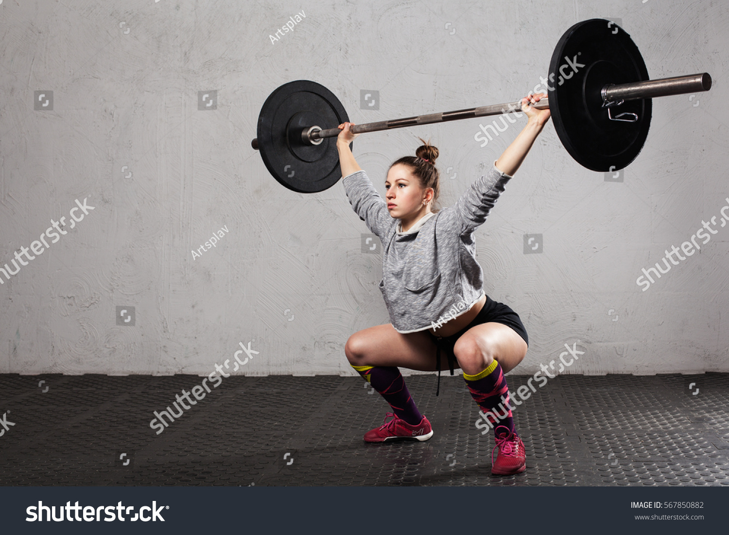 Woman Athlete Doing Overhead Squat Barbell Stock Photo 567850882 ...