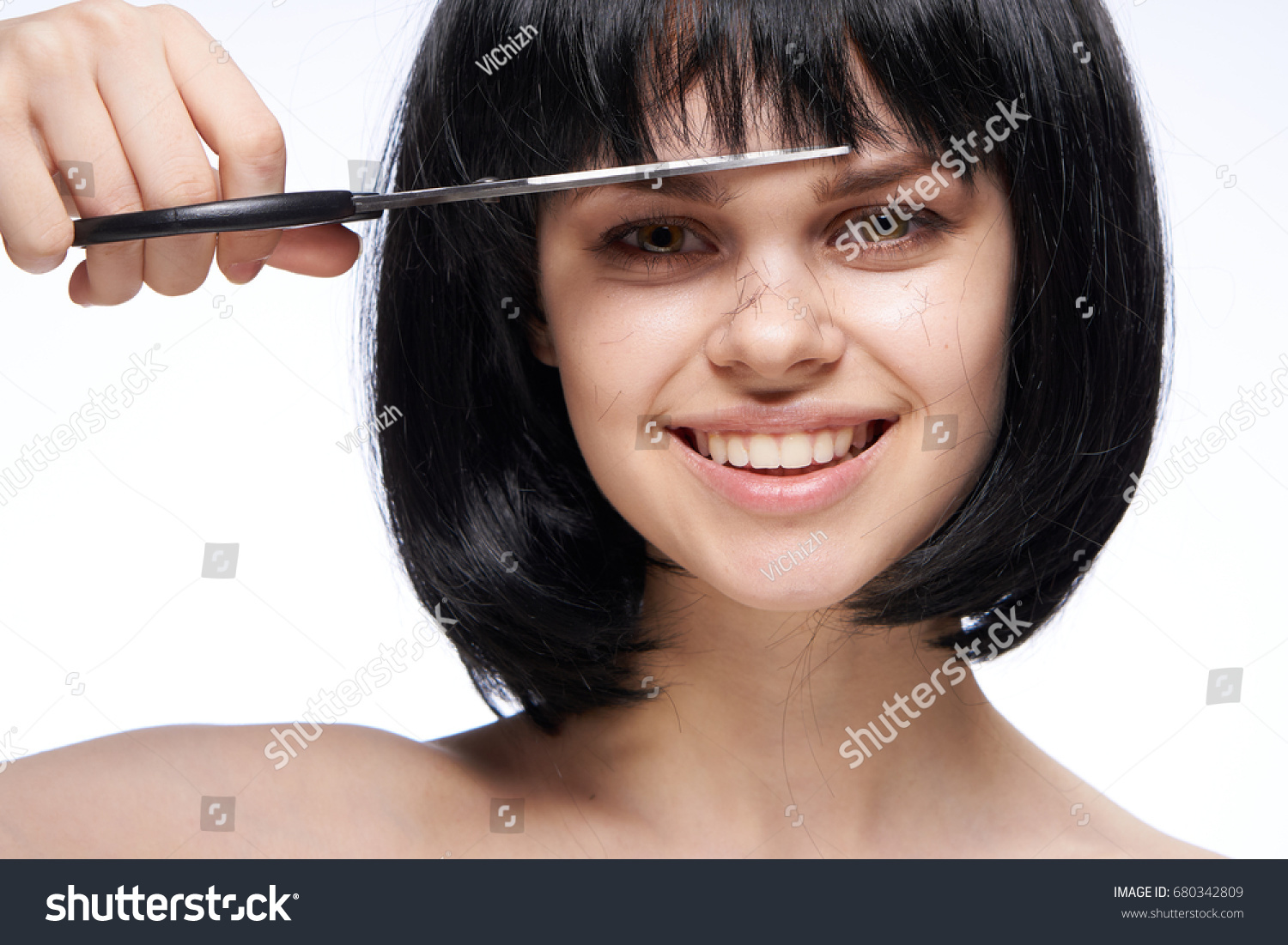 Woman Cuts Her Hair Scissors On Stock Photo 680342809 Shutterstock
