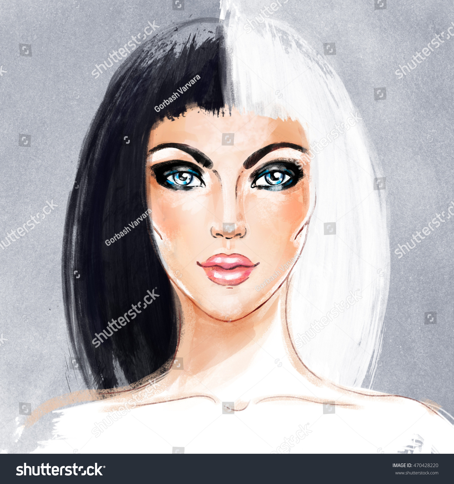 Woman Face Half Dyed Hair Style Stock Illustration