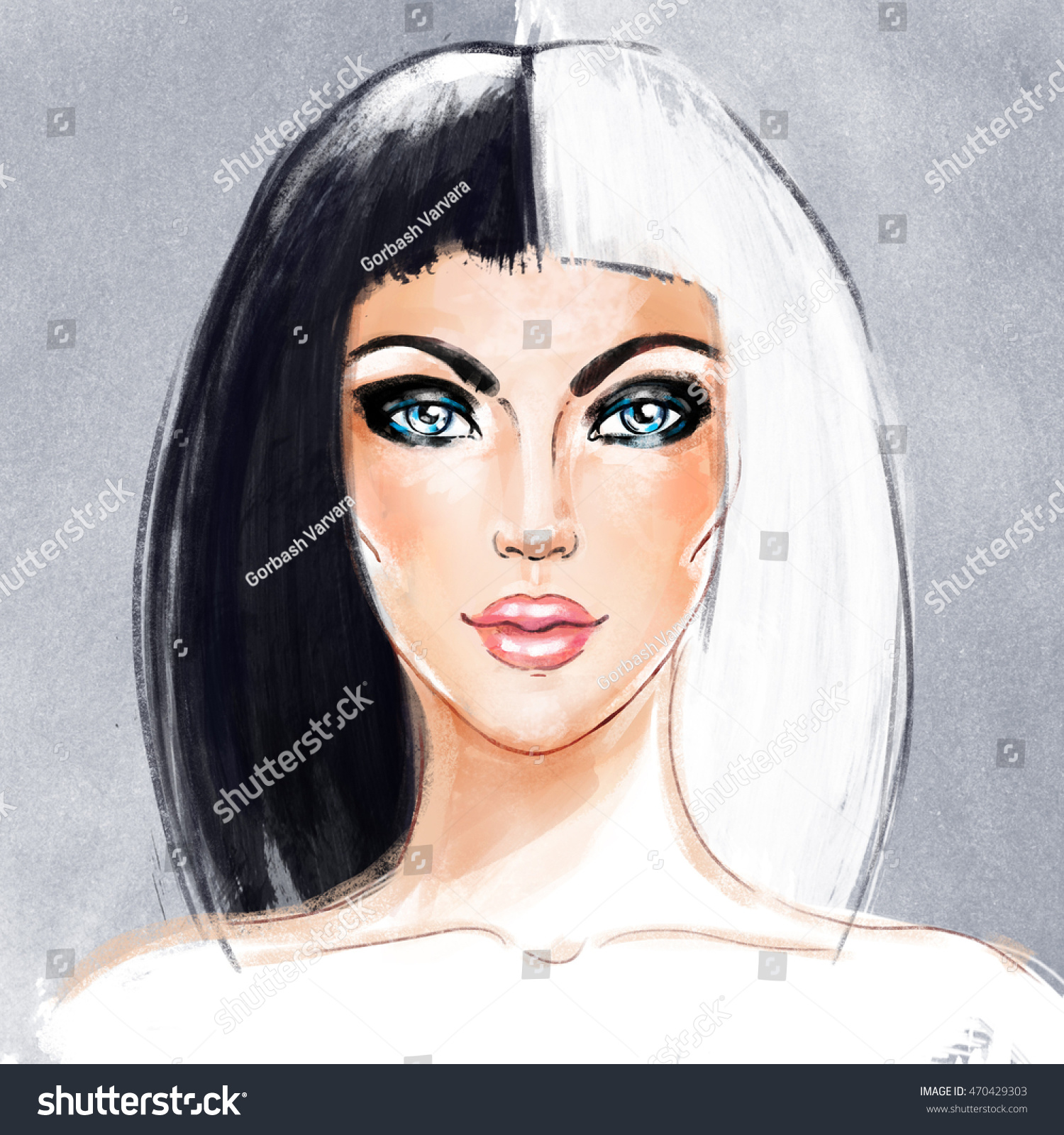 Woman Face Half Dyed Hair Style Stock Illustration