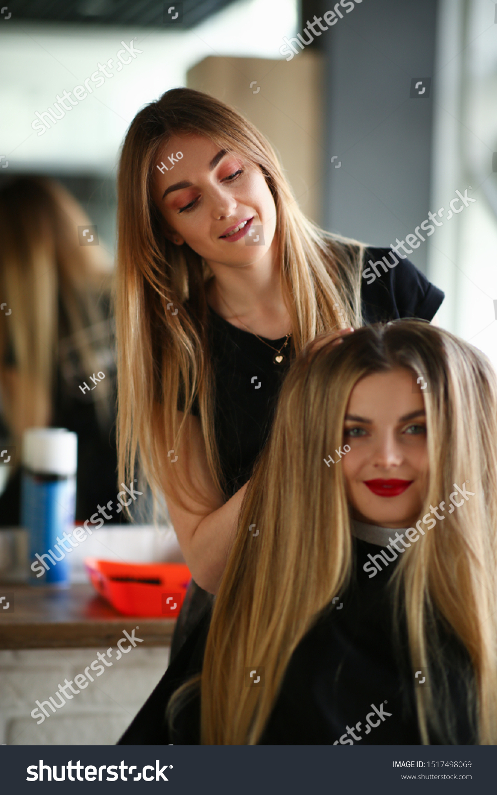 Woman Hairdresser Making Hairstyle Girl Client Stock Photo