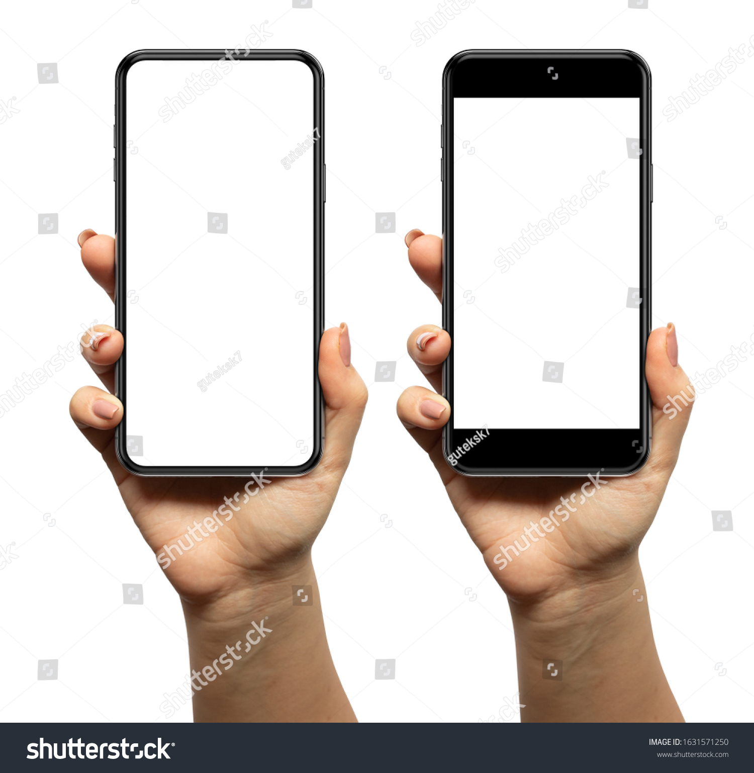 Woman Hand Holding Black Smartphone Blank Stock Photo 1631571250 ...