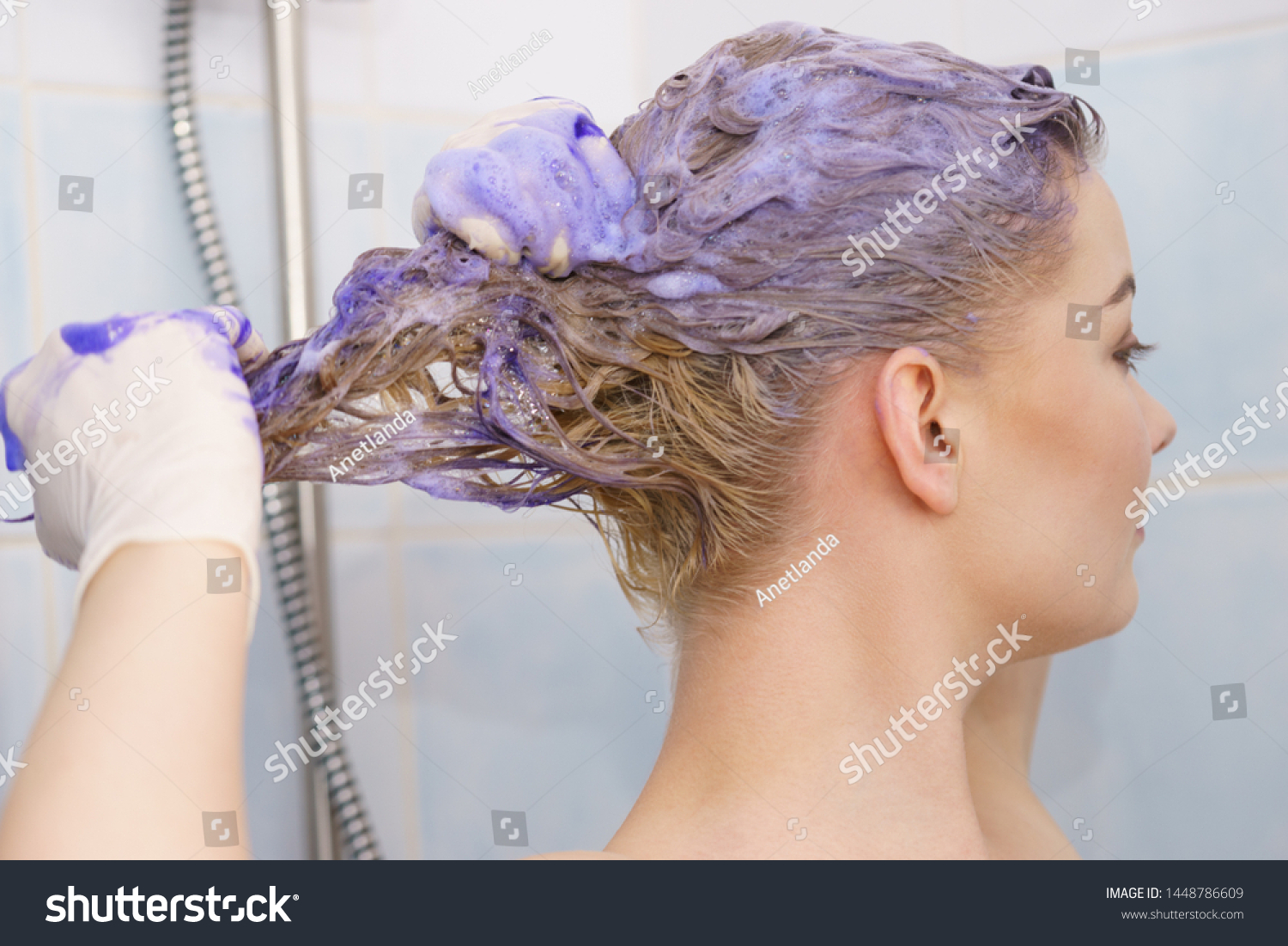 Woman Having Purple Shampoo Foam On Stock Photo Edit Now 1448786609