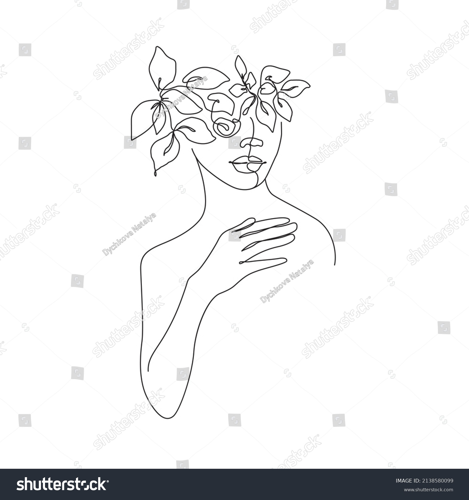 Woman Head Flowers Line Art Drawing Stock Illustration 2138580099 ...