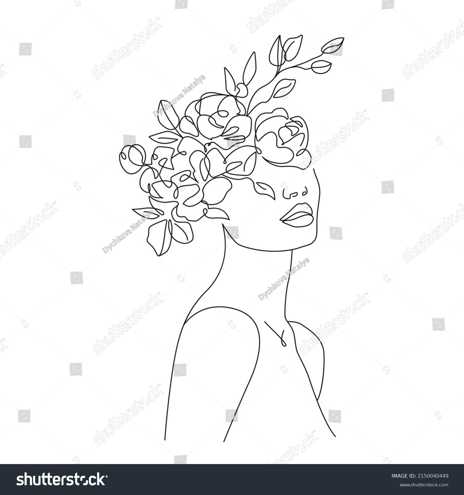 Woman Head Flowers Line Art Drawing Stock Illustration 2150040449 ...