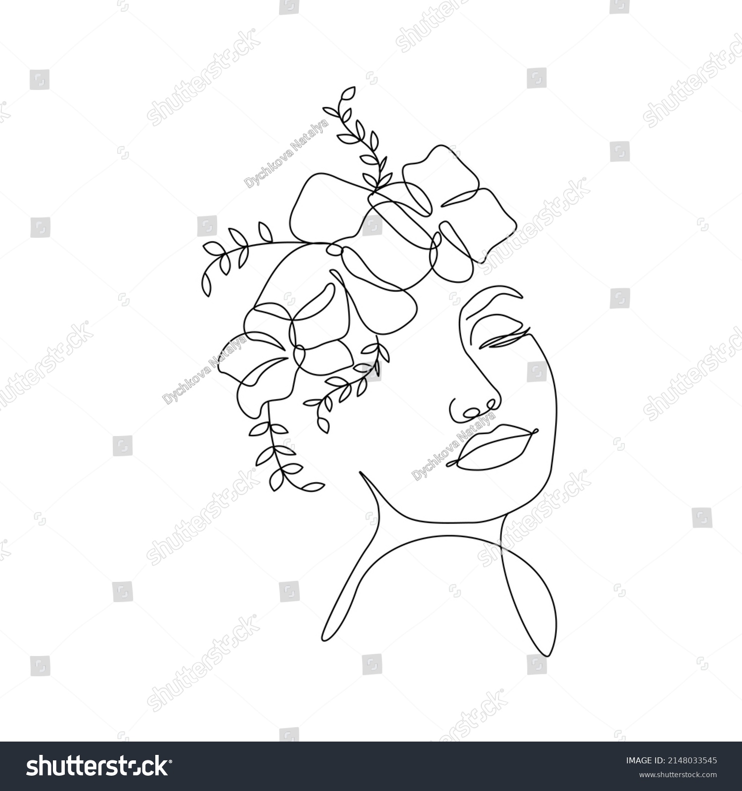 Woman Head Flowers Continuous Line Drawing Stock Illustration