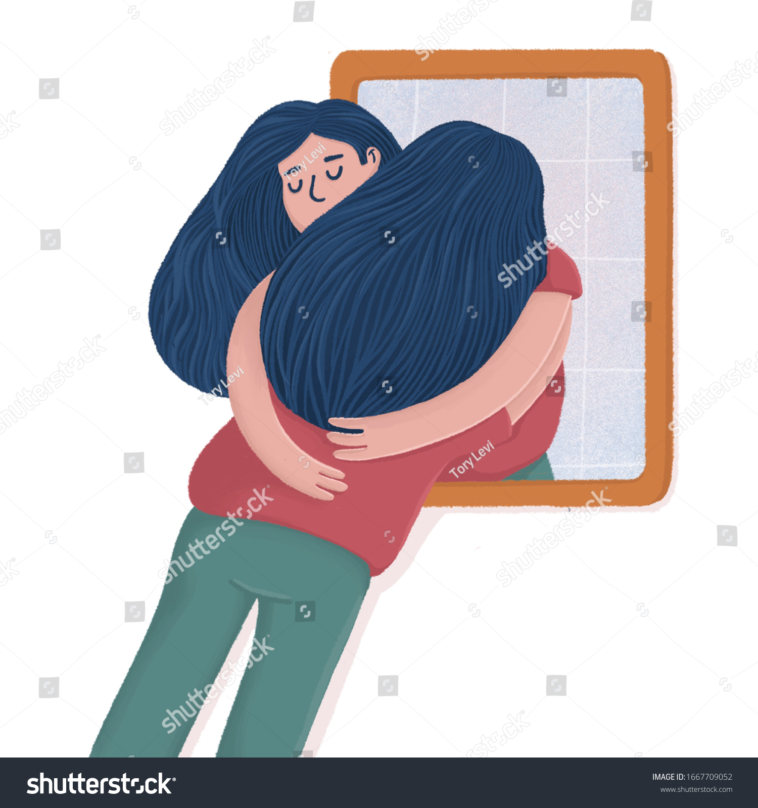 Woman Hugging Her Own Reflection Mirror Stock Illustration Woman Hugging Her Own Reflection Mirror Stock Illustration