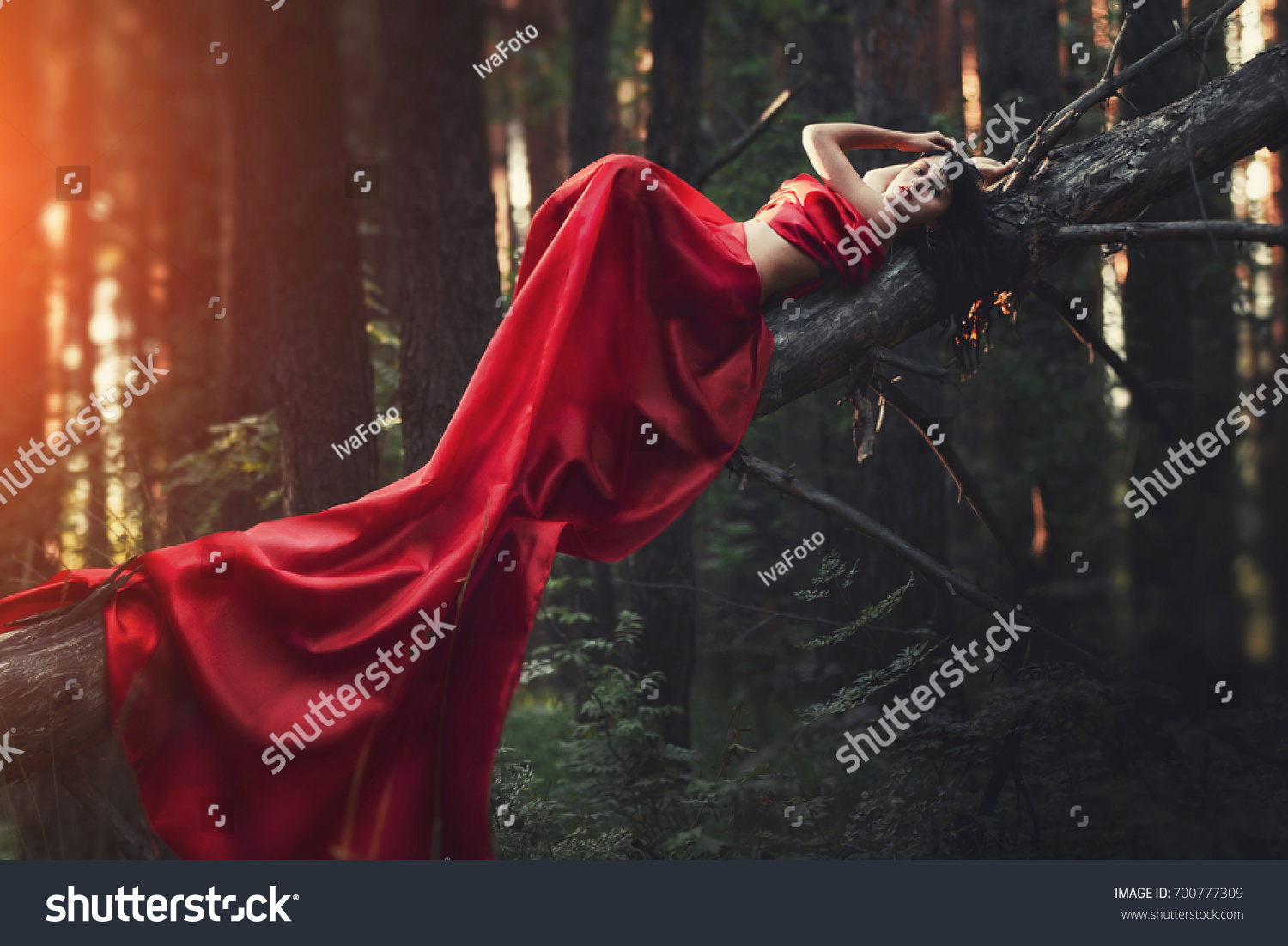 Woman Long Red Dress Alone Forest Stock Photo 700777309 