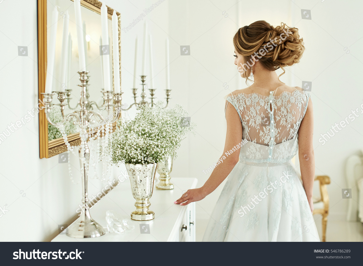 Woman Wedding Dress Standing Next Dresser Stock Photo Edit Now