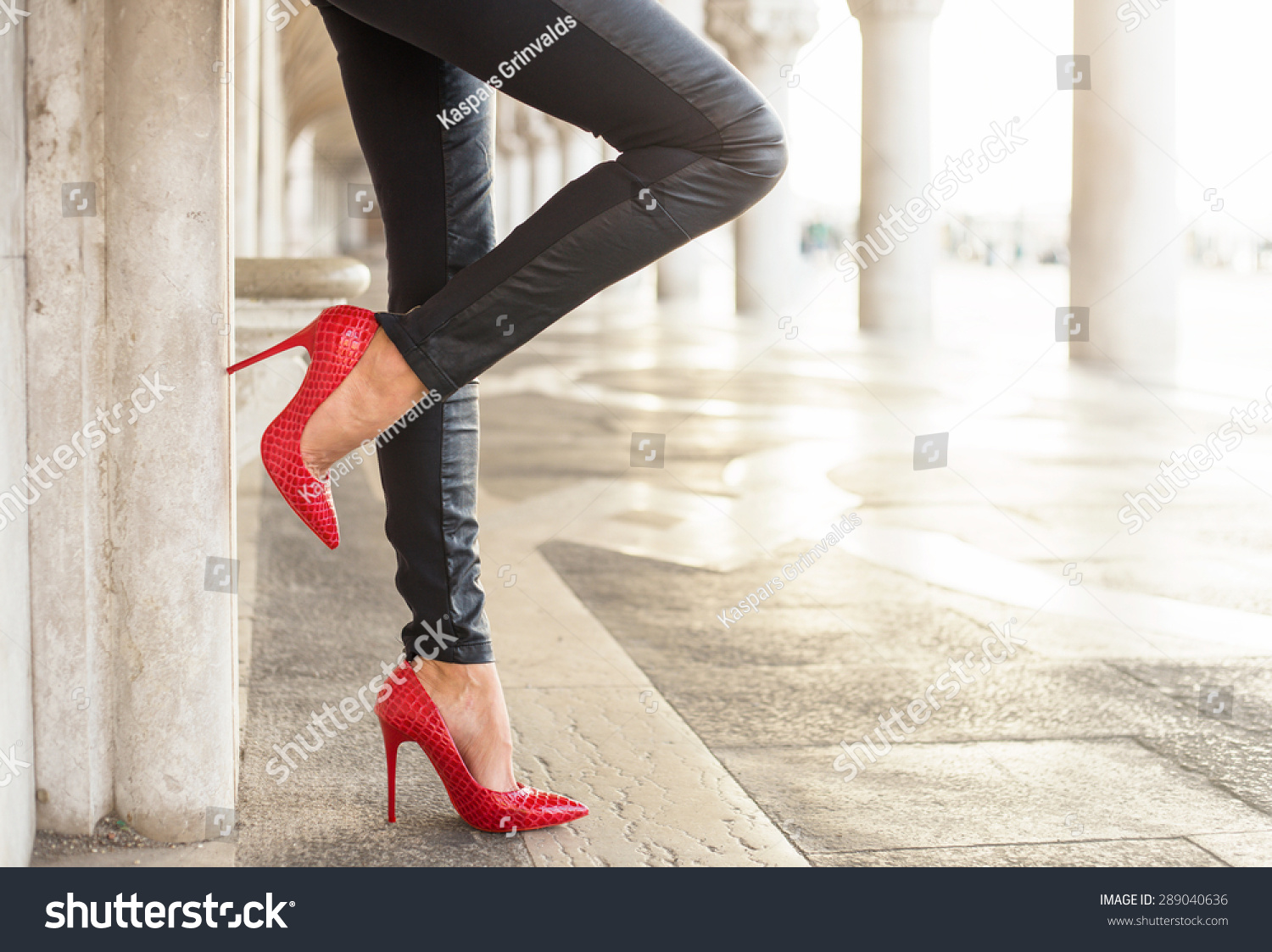 Woman Black Leather Pants Red High Stock Photo (Edit Now) 289040636 ...