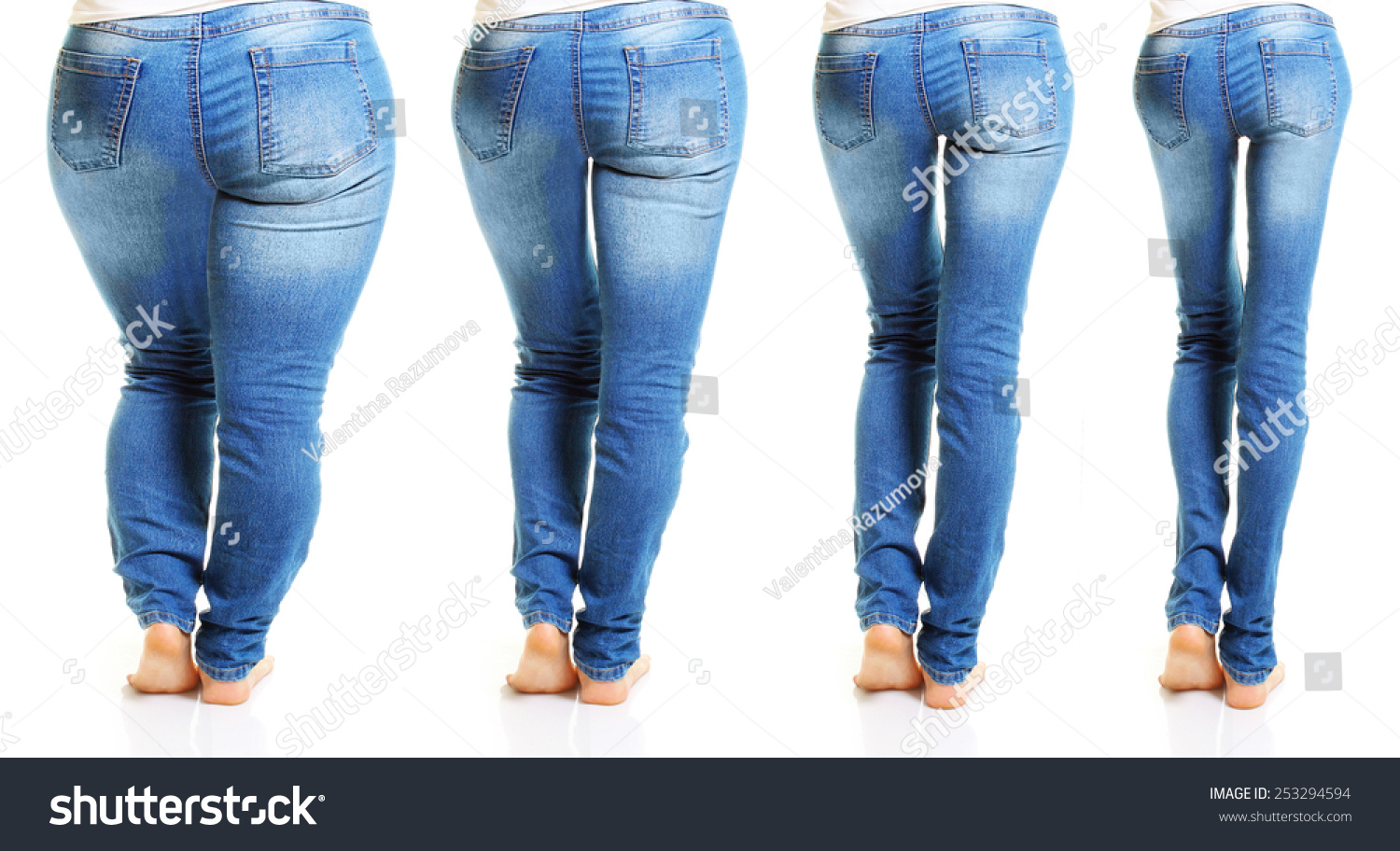 Woman In Blue Jeans Isolated On White Background From Fat To Thin. Diet ...