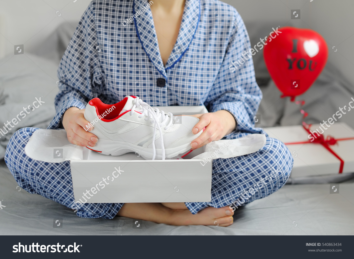 Woman Pajamas Received Gift Sports Shoes Stock Photo Edit Now