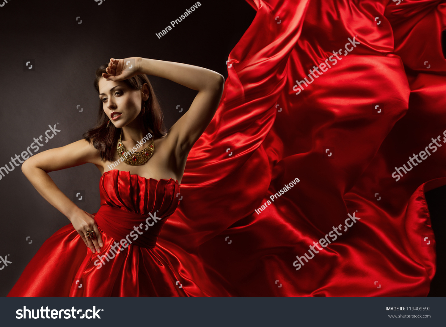 Woman In Red Dress Dancing With Flying Fabric, Fashion Model Girl ...