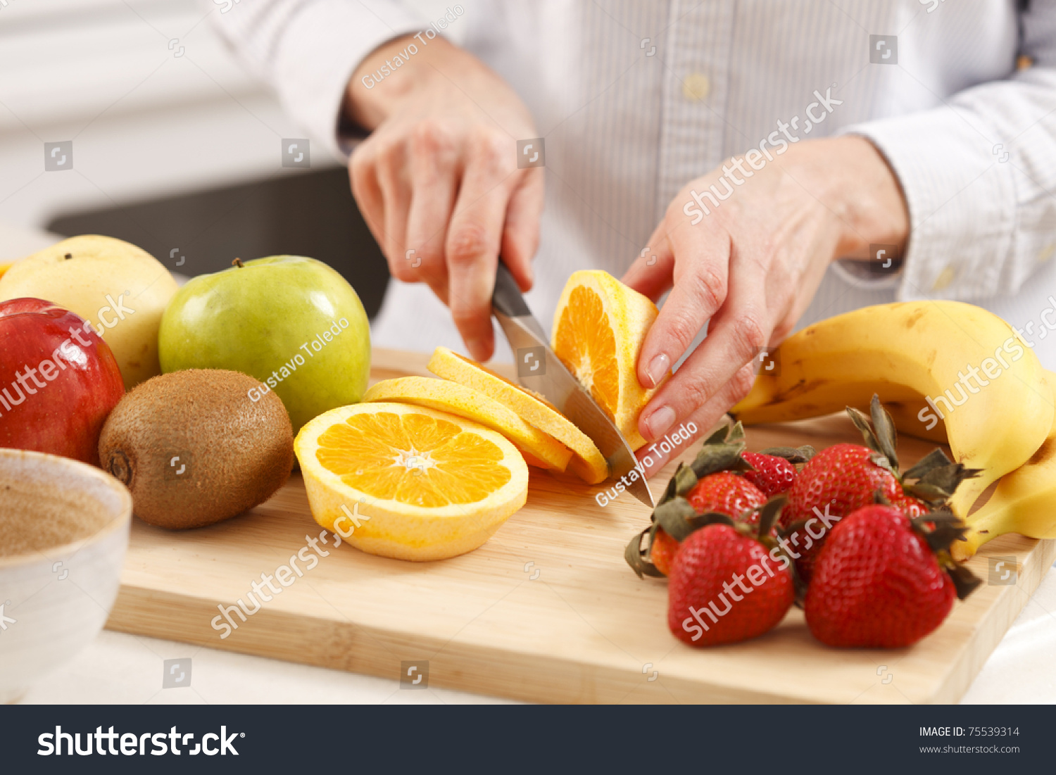 Woman Kitchen Cutting Fruits Stock Photo 75539314 ...