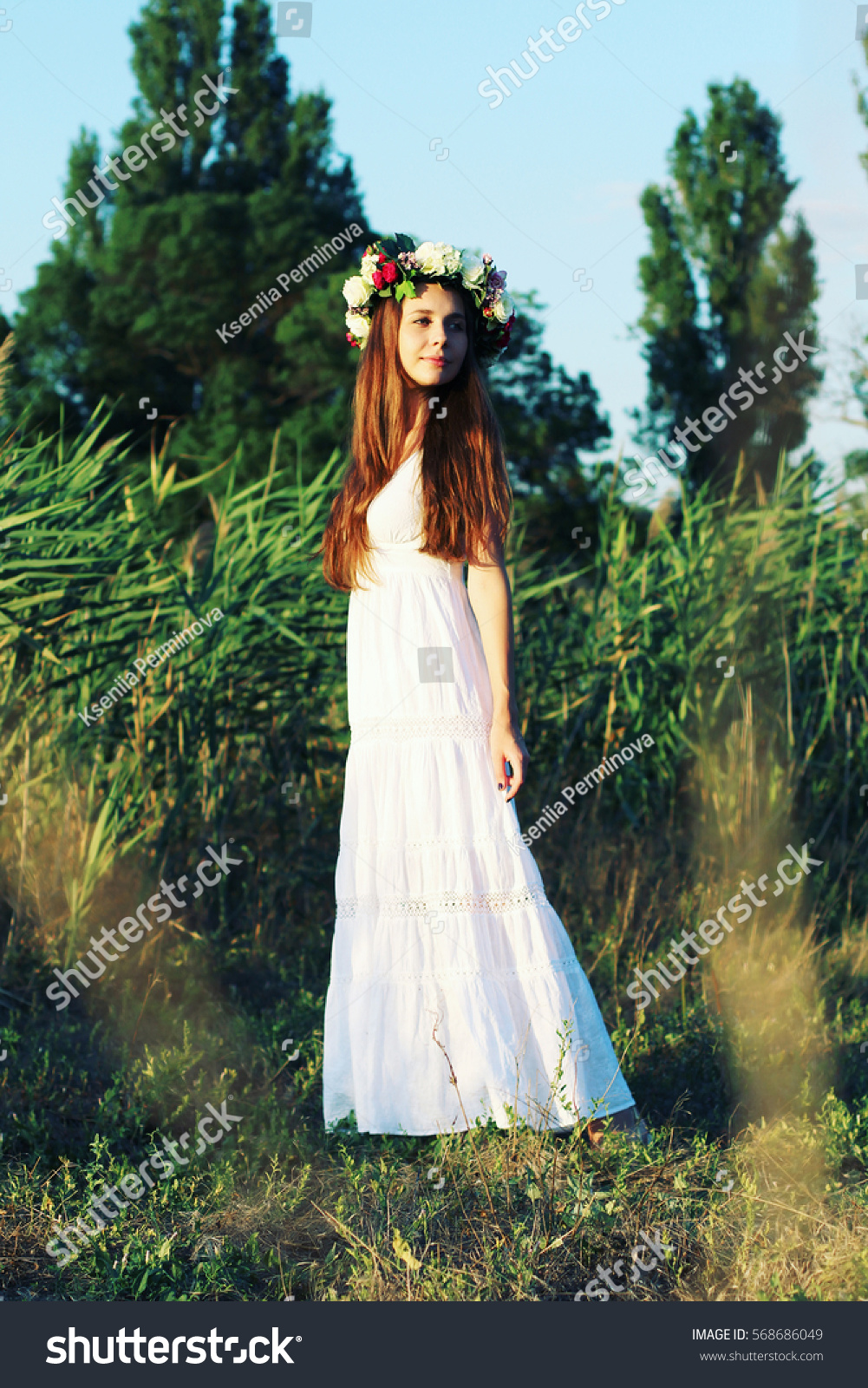 white dress with flower crown