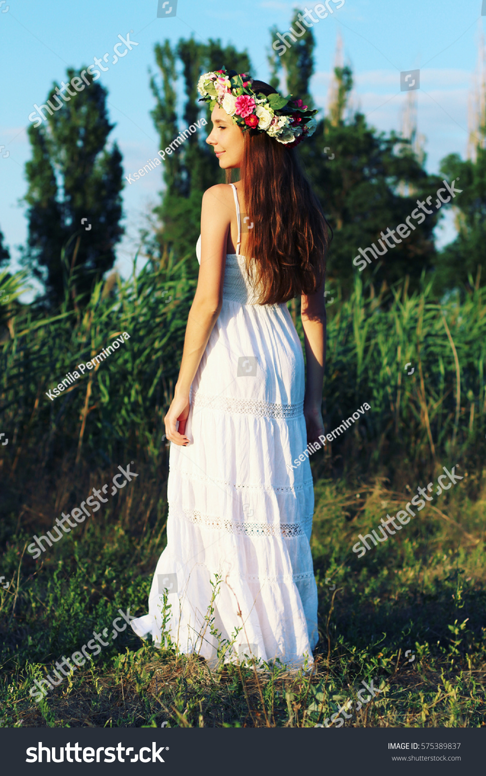 white dress with flower crown