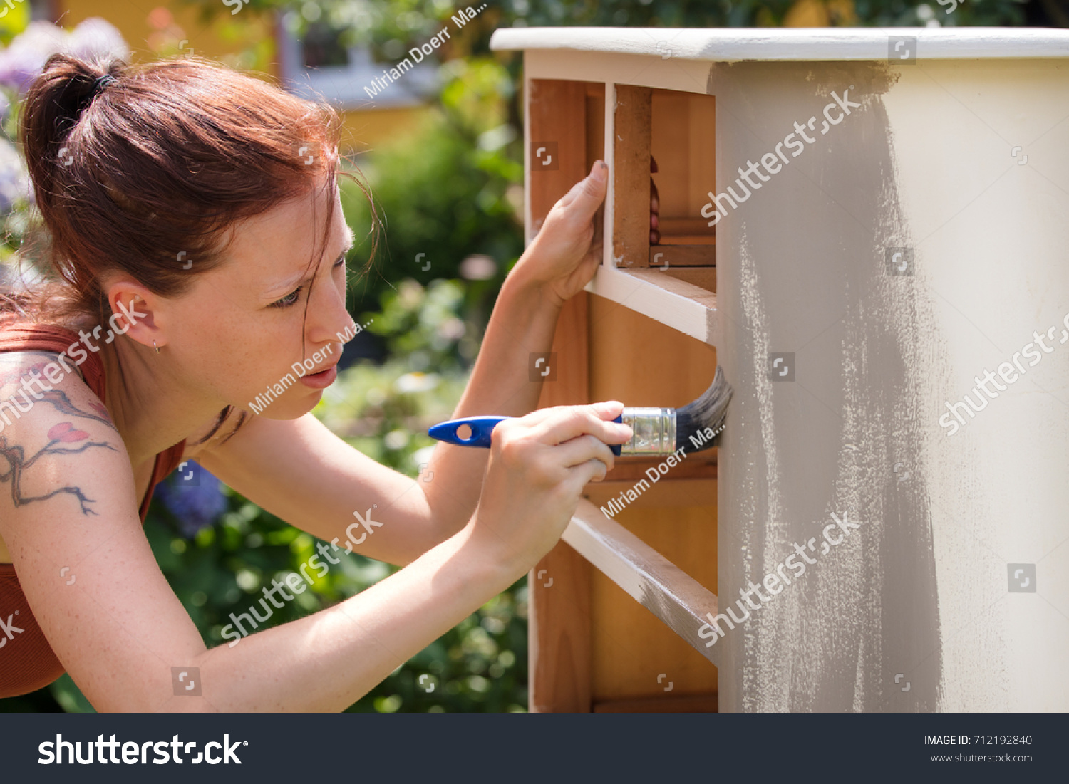 Woman Painting Old Dresser Outdoor White Stock Photo Edit Now