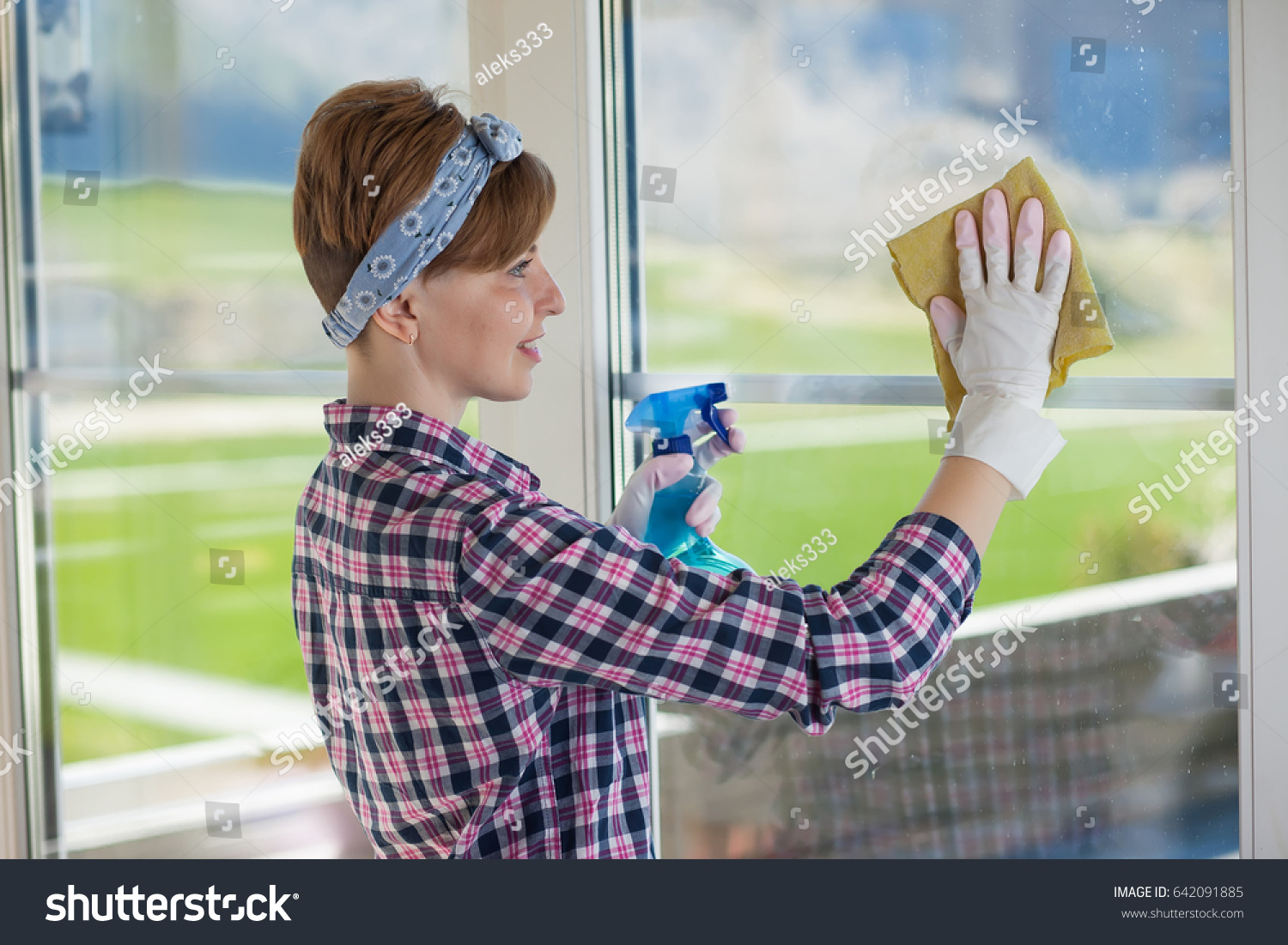 Woman Washing Window Women Short Hair Stock Photo Edit Now 642091885