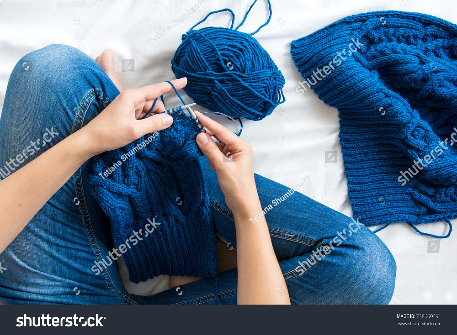 Woman Knitting Blue Sweater Overhead Shot Stock Photo 738660391 ...