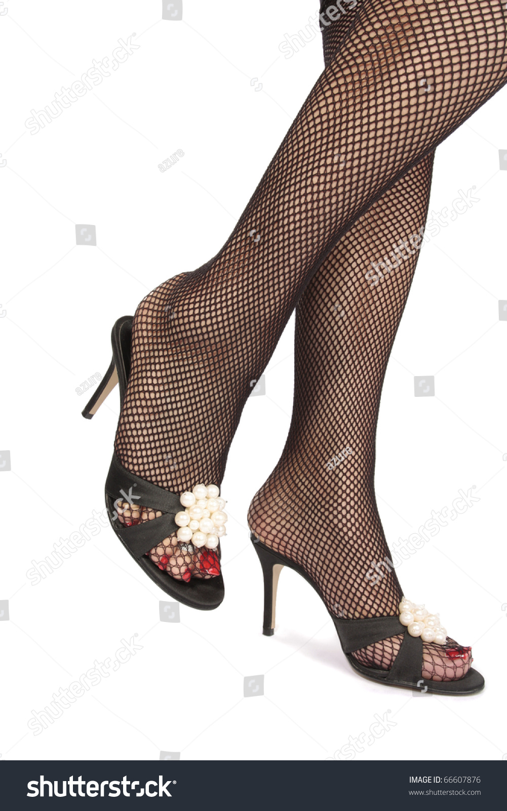 Woman Legs With Fishnet Stockings And Heels Over White Background Stock ...