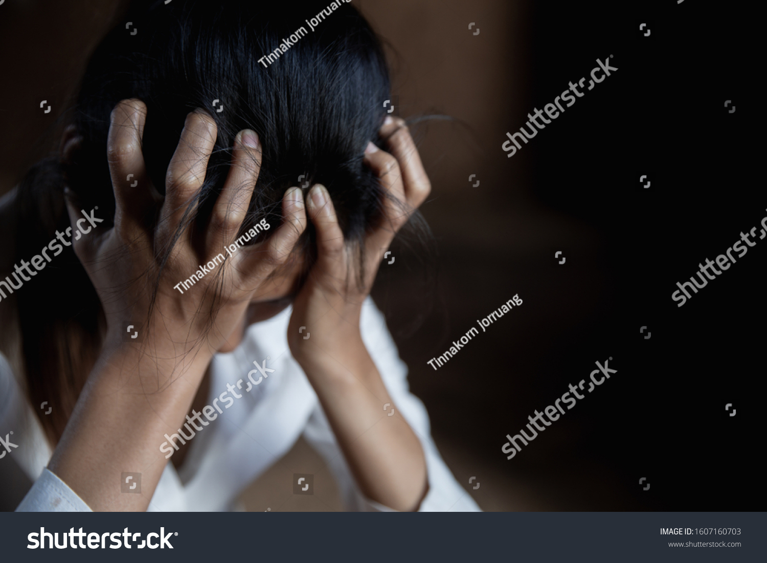 Woman Lying On Floor Crying Depression Stock Photo (Edit Now) 1607160703