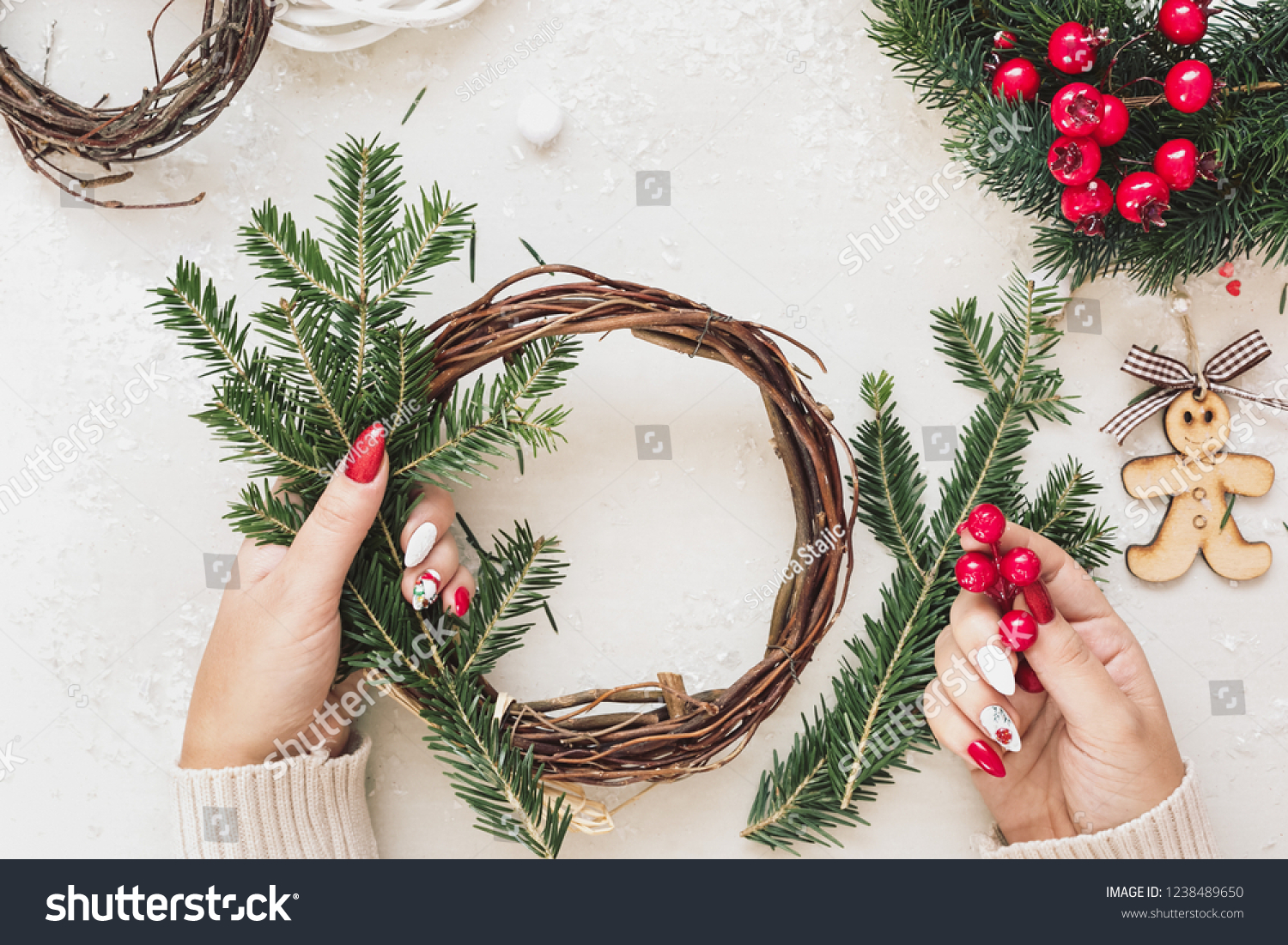 Woman Making Christmas Grapevine Wreath Christmas Stock Photo