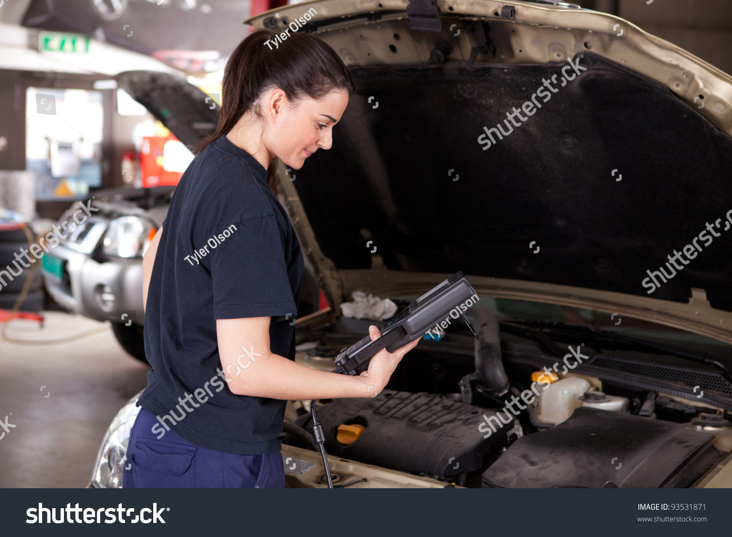  Tawny Brown Classic  Template Design Featuring Woman Mechanic with Diagnostics
