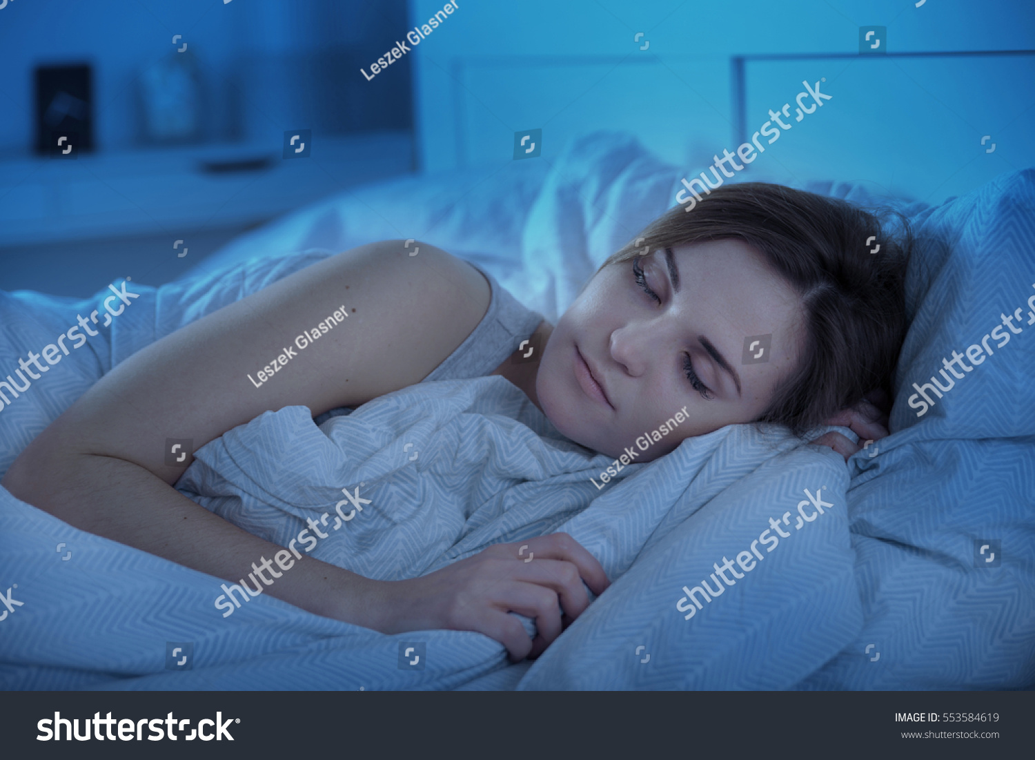 Woman Peacefully Sleeping Bed Night Stock Photo (Edit Now) 553584619