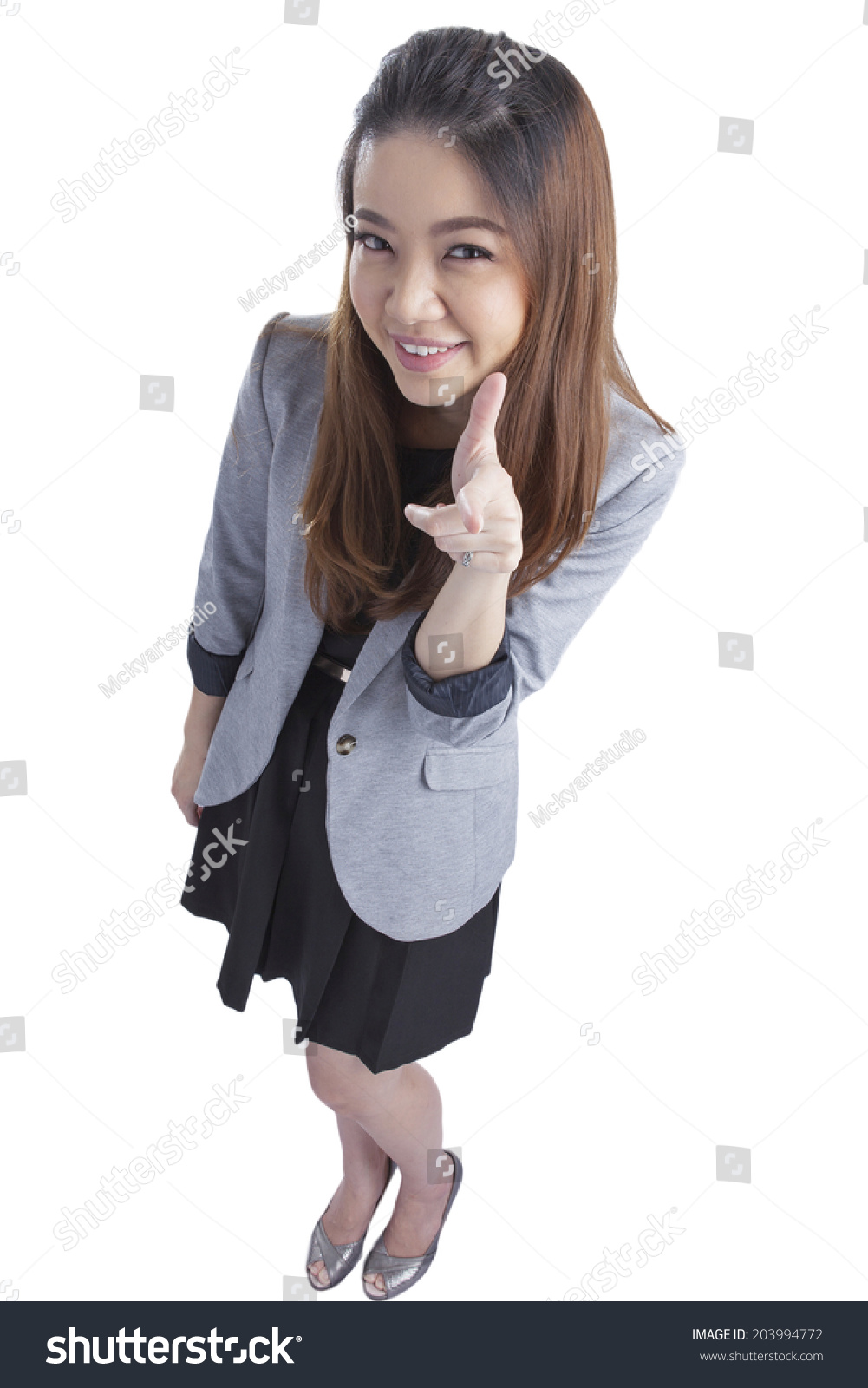 Woman Pointing Camera Above High Angle Stock Photo Edit Now