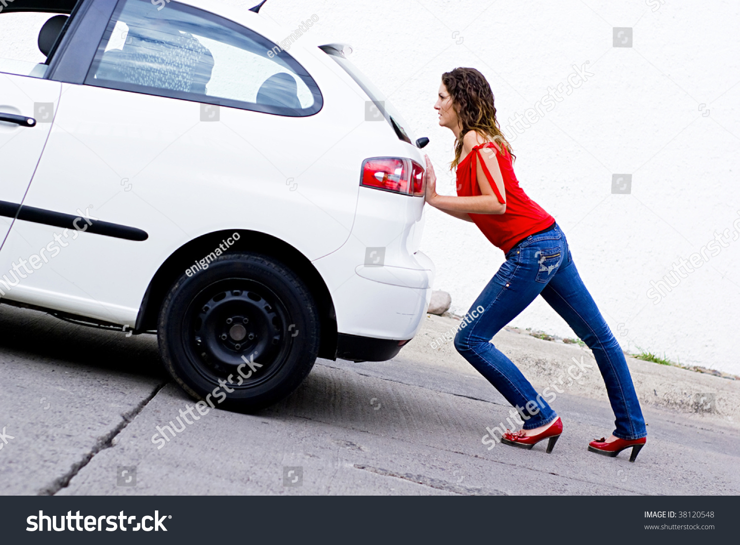 Woman Pushing Car Out Of Gasoline Stock Photo 38120548 : Shutterstock