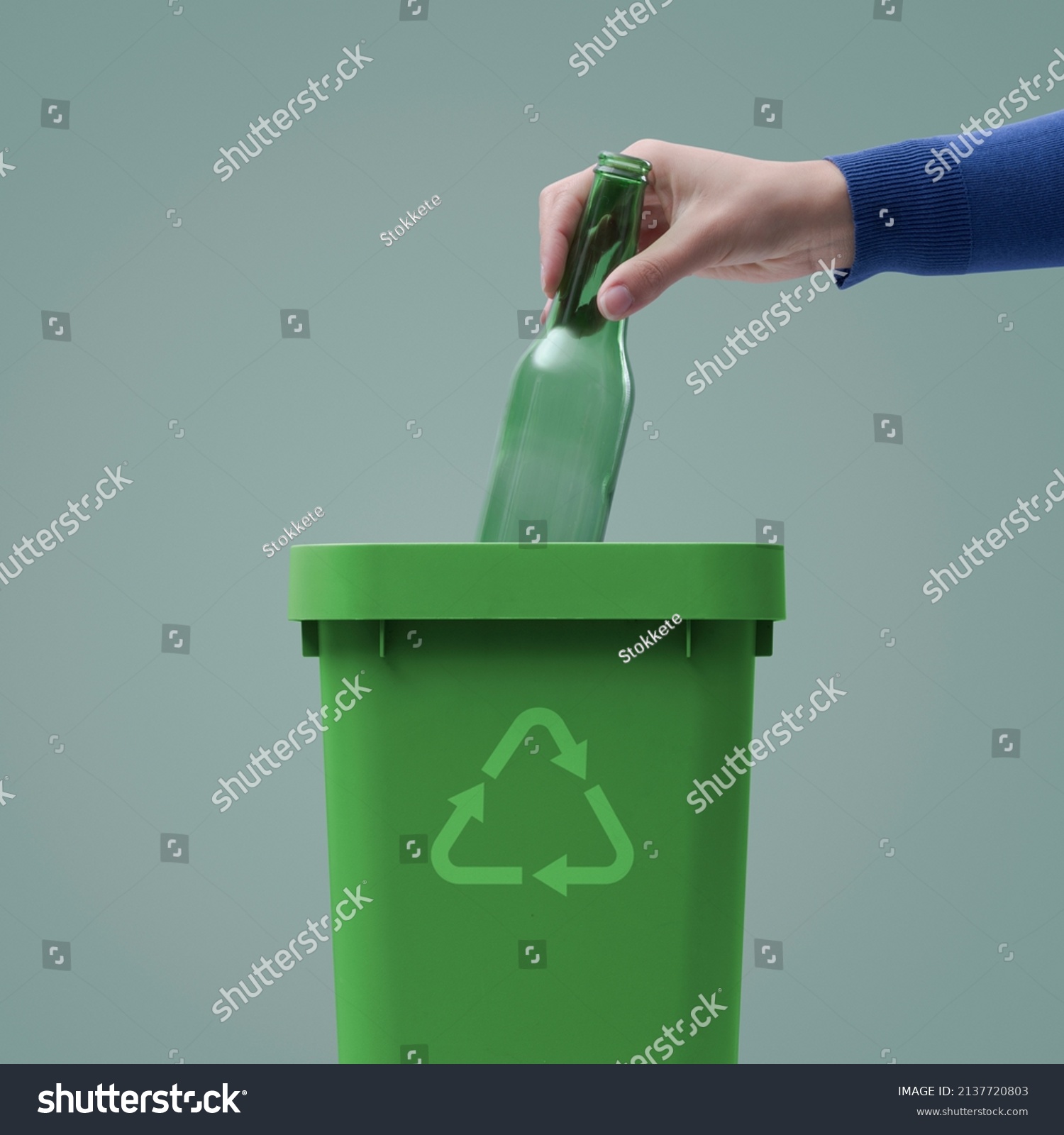 Woman Putting Empty Glass Bottle Trash Stock Photo 2137720803 ...