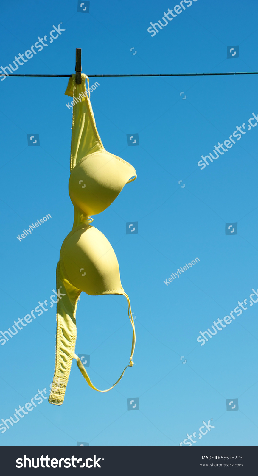 Woman'S Bra Hanging On A Clothesline Against A Brilliant Blue Sky With ...