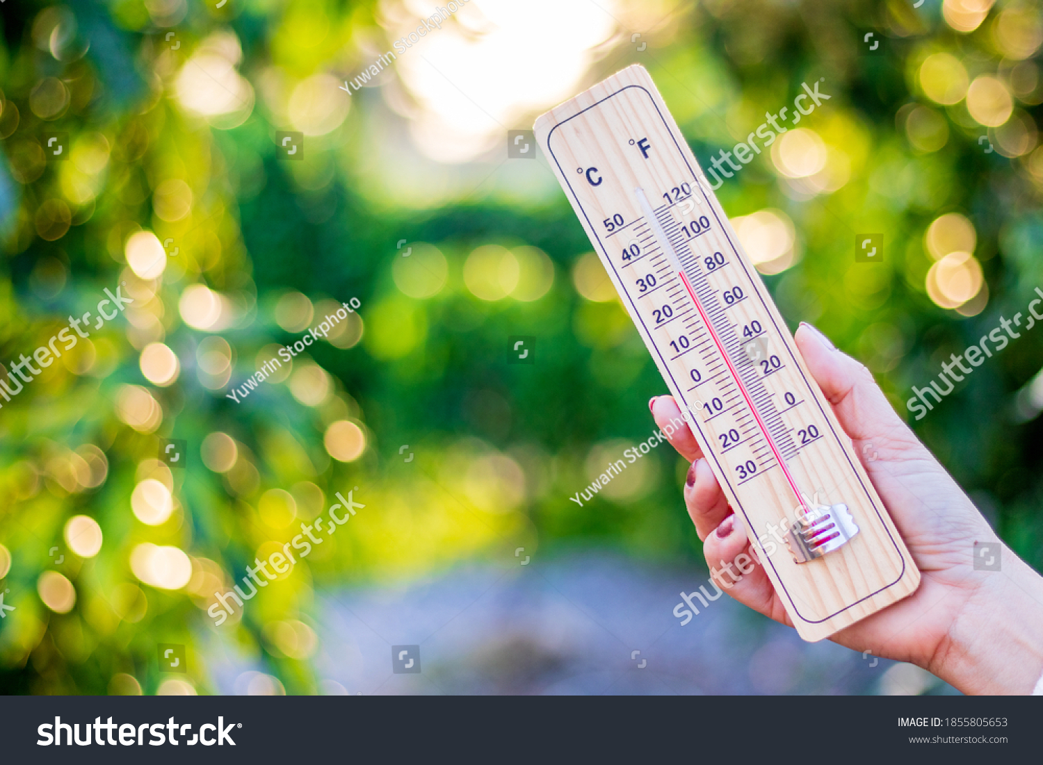 Womans Hand Holding Thermometer On Green Stock Photo 1855805653