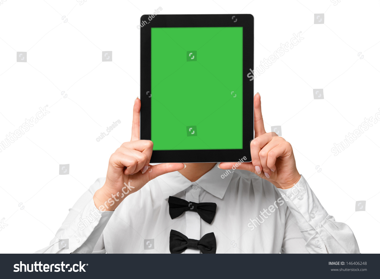 stock photo woman showing digital tablet covering her face isolated on white 146406248