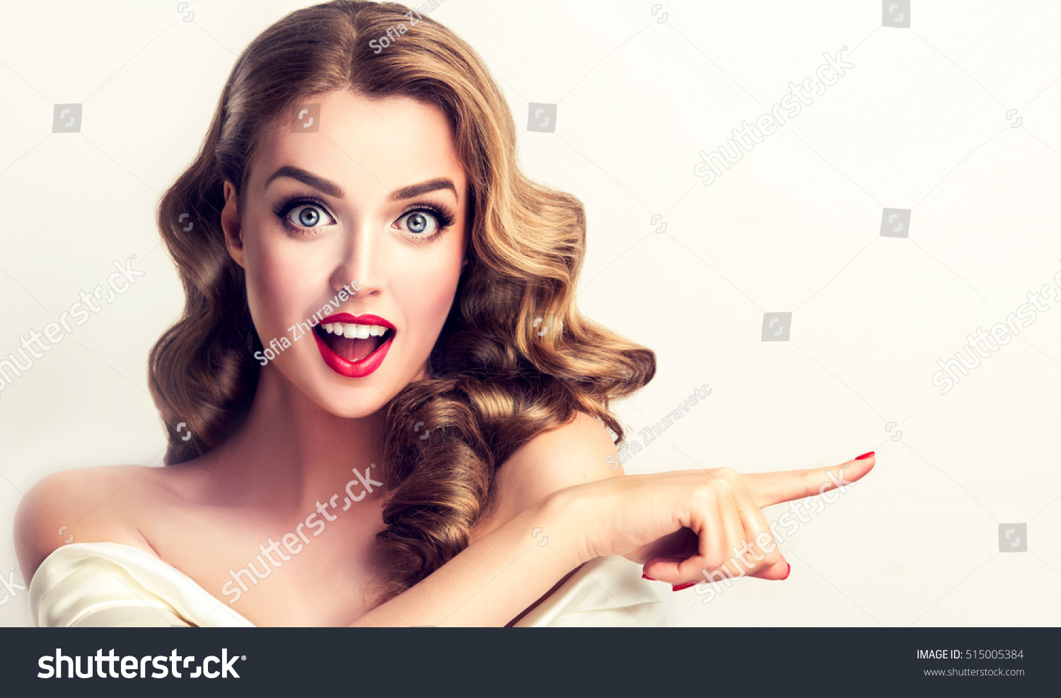 Woman Surprise Showing Product Beautiful Girl Stock Photo 