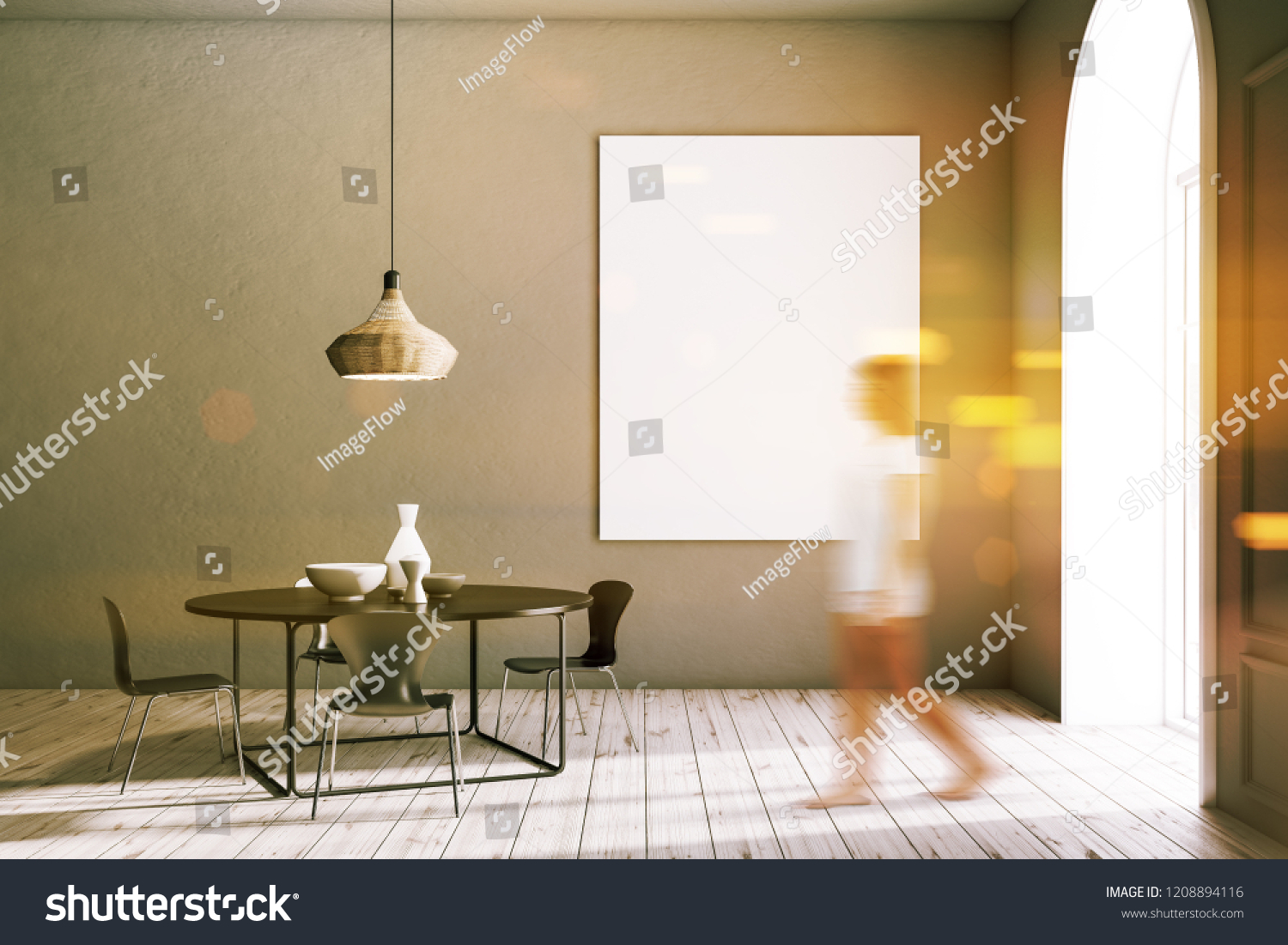 Woman Walking Modern Dining Room Interior Stock Photo Edit