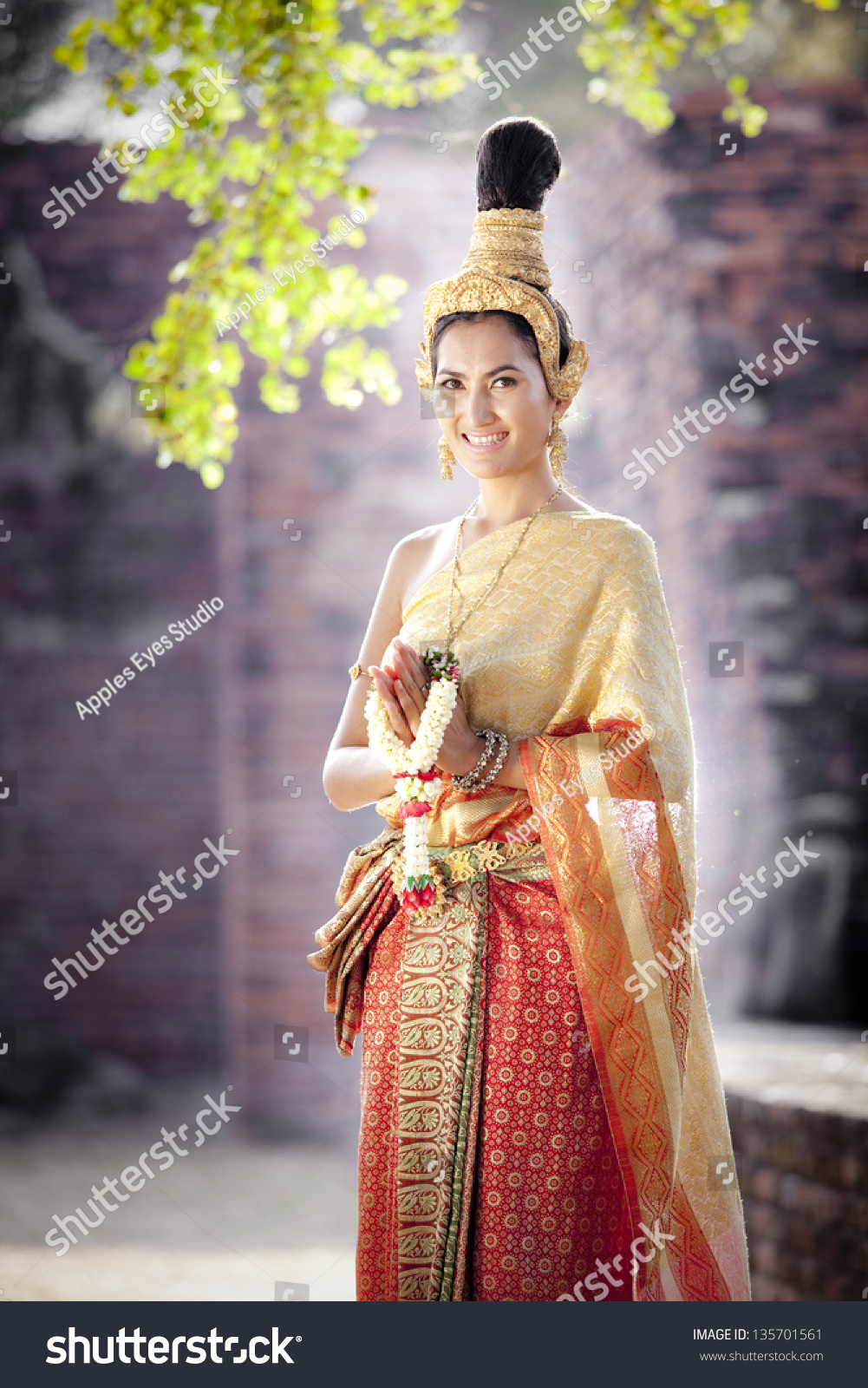 Woman Wearing Typical Thai Dress With Thai Style Temple Background ...