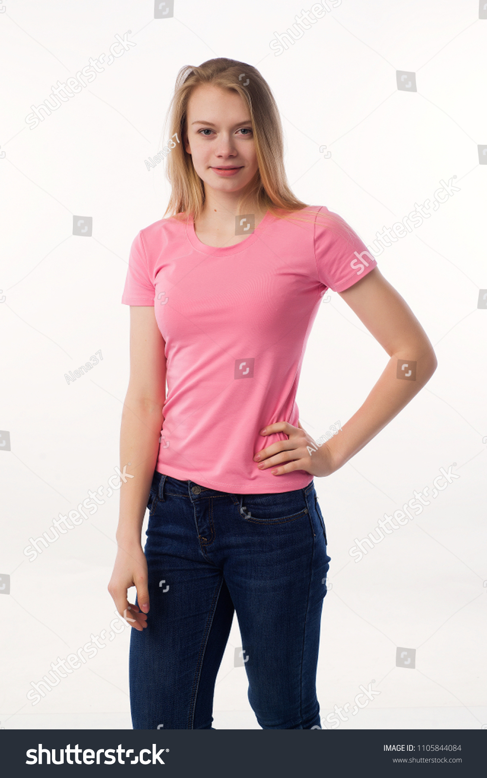 pink t shirt and jeans