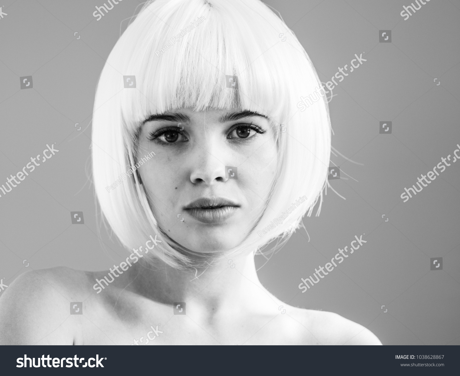 Woman Bob Blonde Hair Black White Stock Photo Edit Now 1038628867