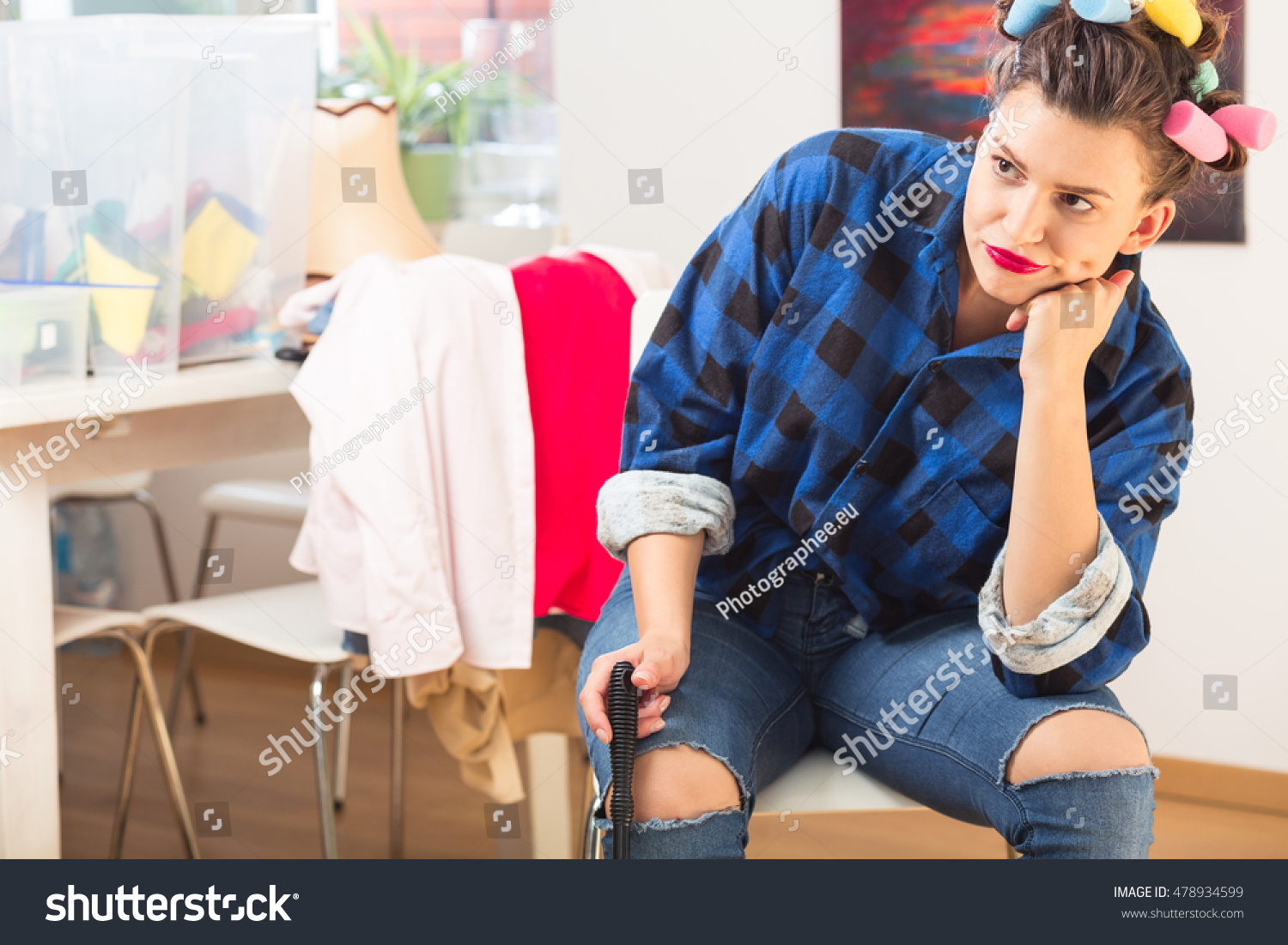 Woman Curling Pins Her Hair Sitting Stock Photo Edit Now 478934599