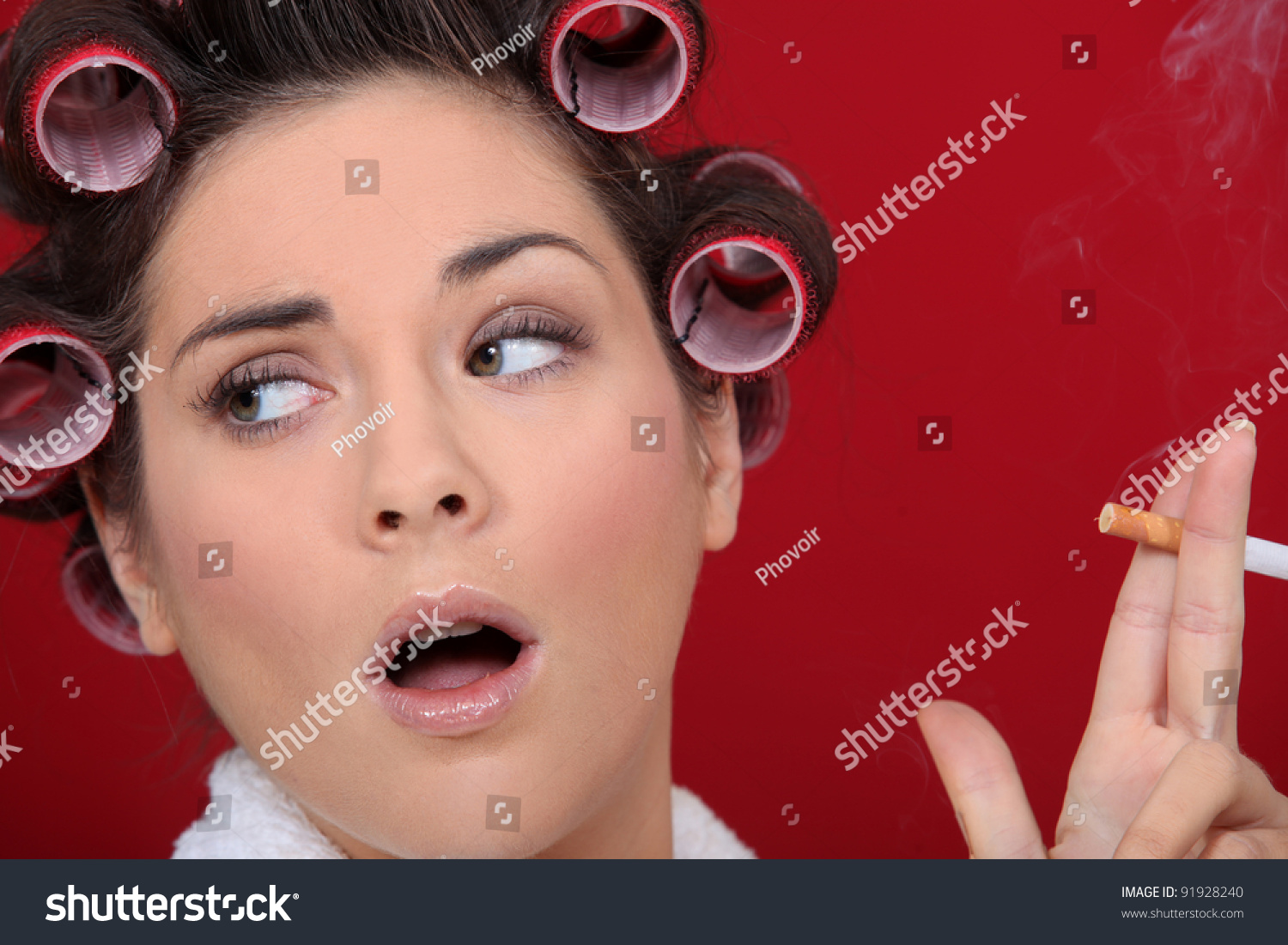 Woman Hair Curlers Smoking Cigarette Stock Photo 91928240 